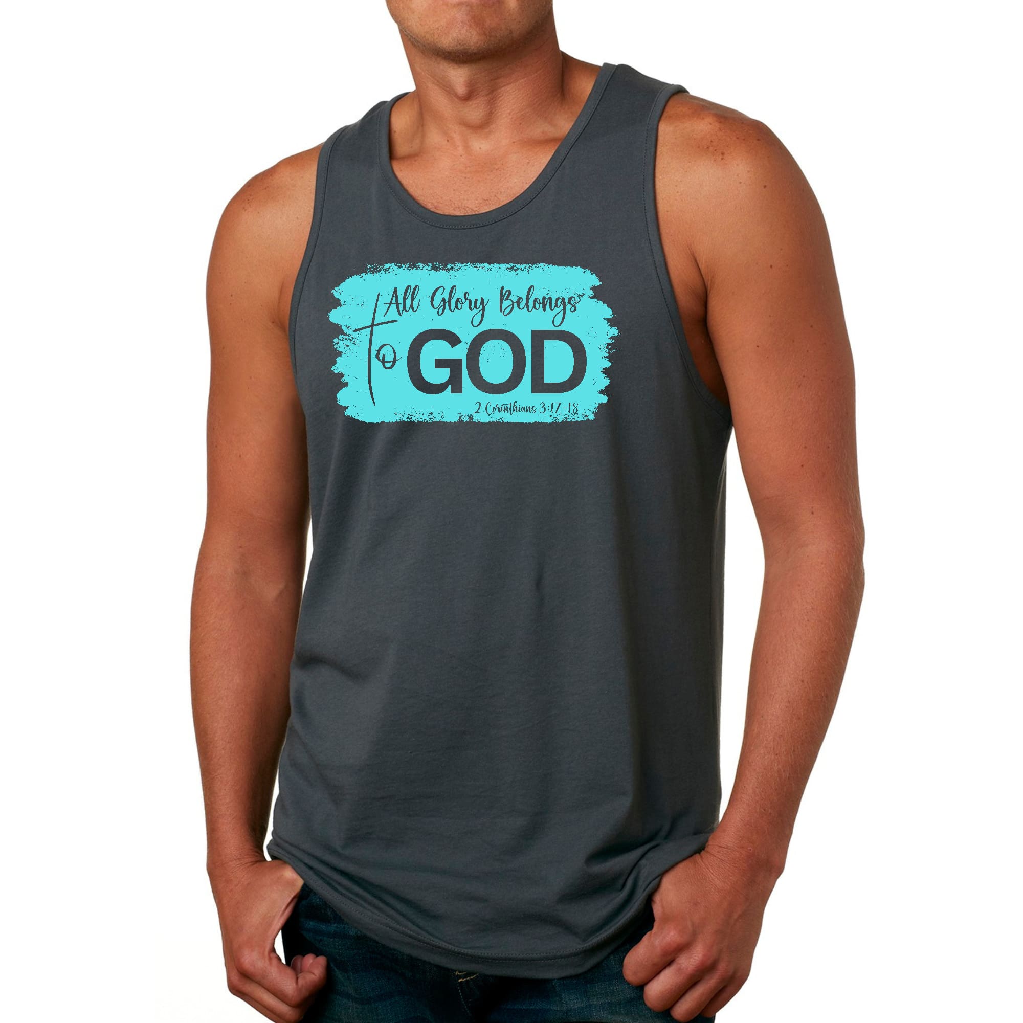 Men's fitness tank top in cyan featuring a Christian graphic that reads 'All Glory Belongs to God', made from soft preshrunk cotton.
