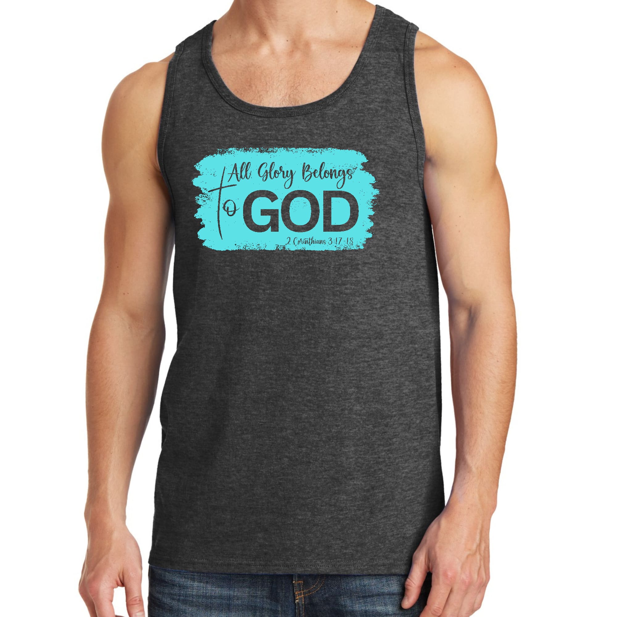 Men's fitness tank top in cyan featuring a Christian graphic that reads 'All Glory Belongs to God', made from soft preshrunk cotton.