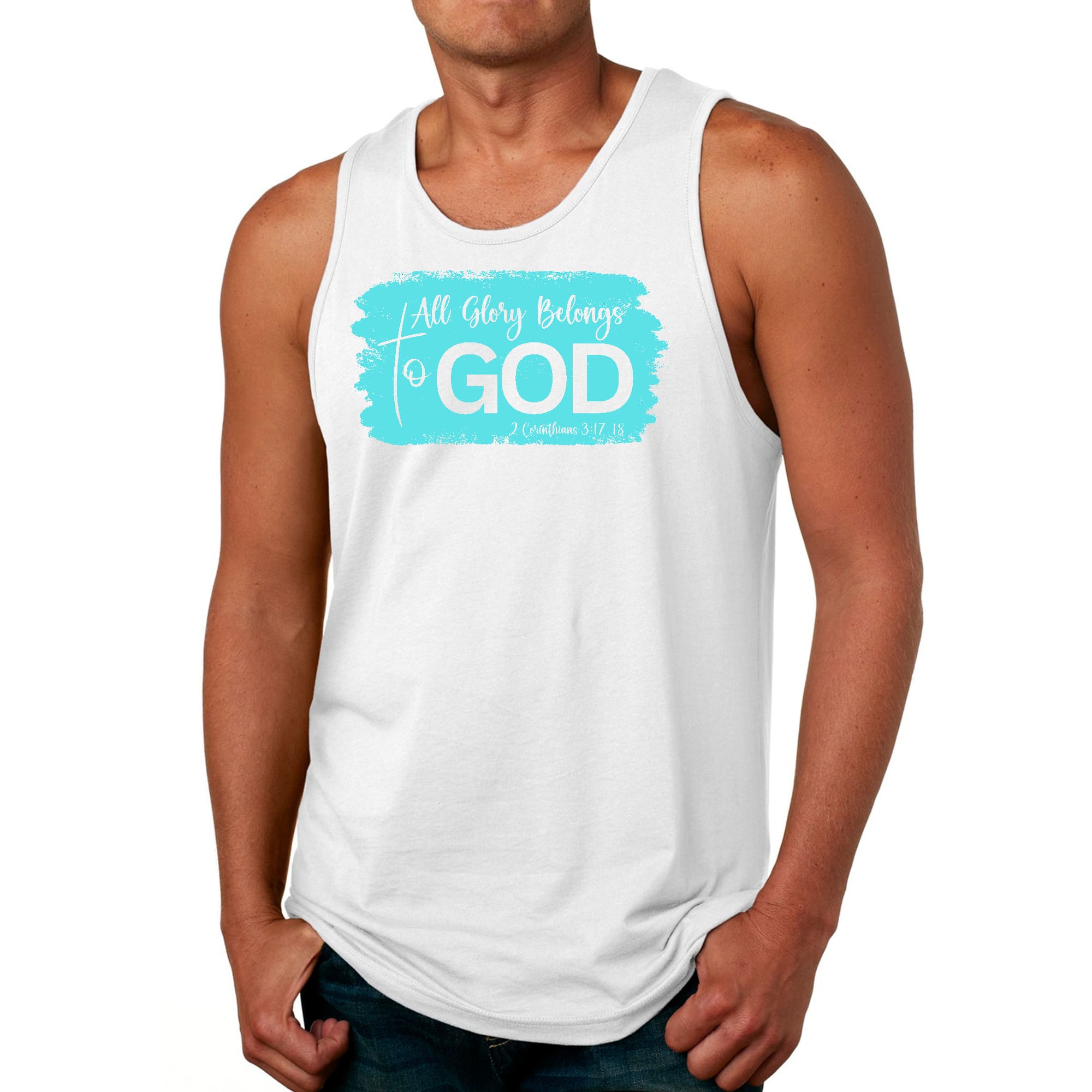 Men's fitness tank top in cyan featuring a Christian graphic that reads 'All Glory Belongs to God', made from soft preshrunk cotton.