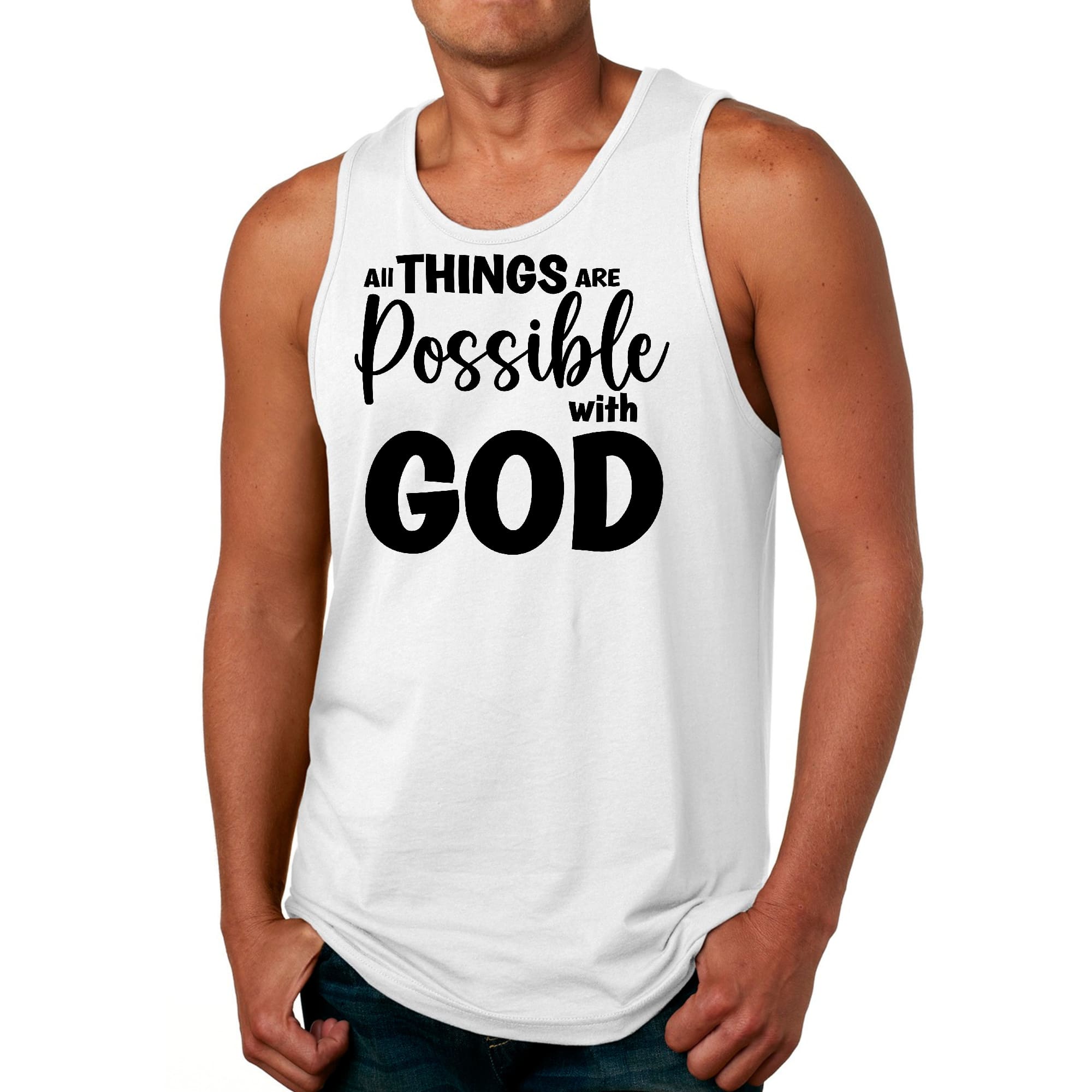 Men's black fitness tank top with 'All Things Are Possible With GOD' graphic, made from soft preshrunk cotton for comfort and durability.