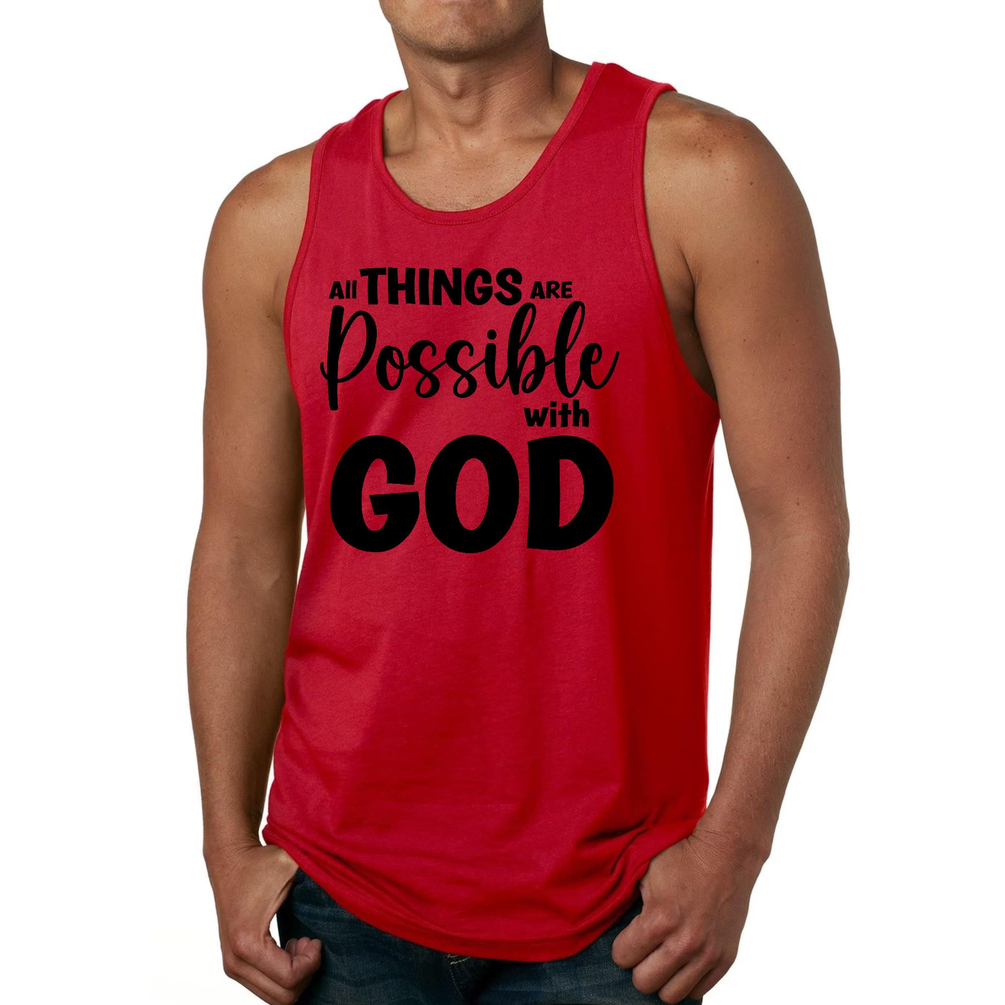 Men's black fitness tank top with 'All Things Are Possible With GOD' graphic, made from soft preshrunk cotton for comfort and durability.
