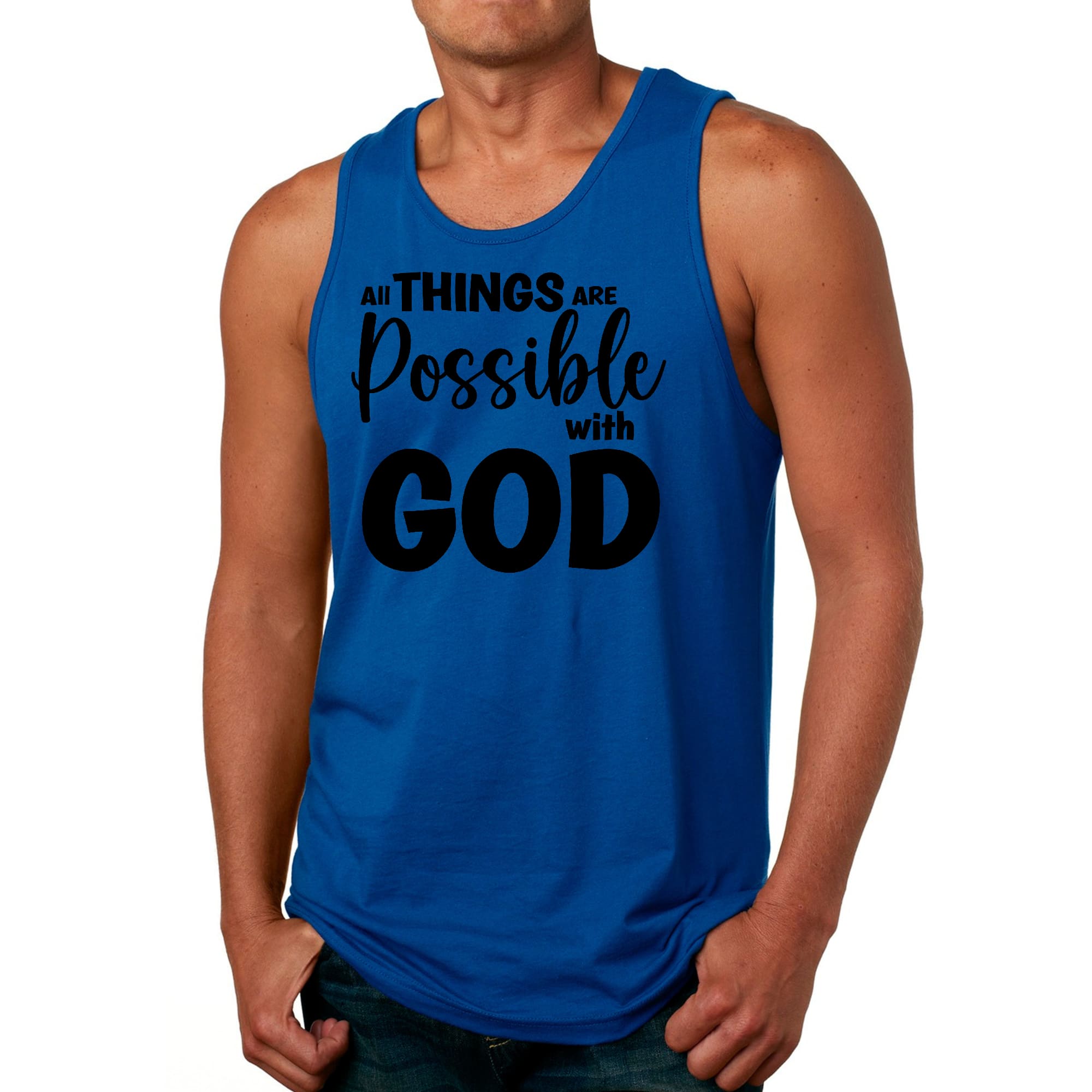 Men's black fitness tank top with 'All Things Are Possible With GOD' graphic, made from soft preshrunk cotton for comfort and durability.