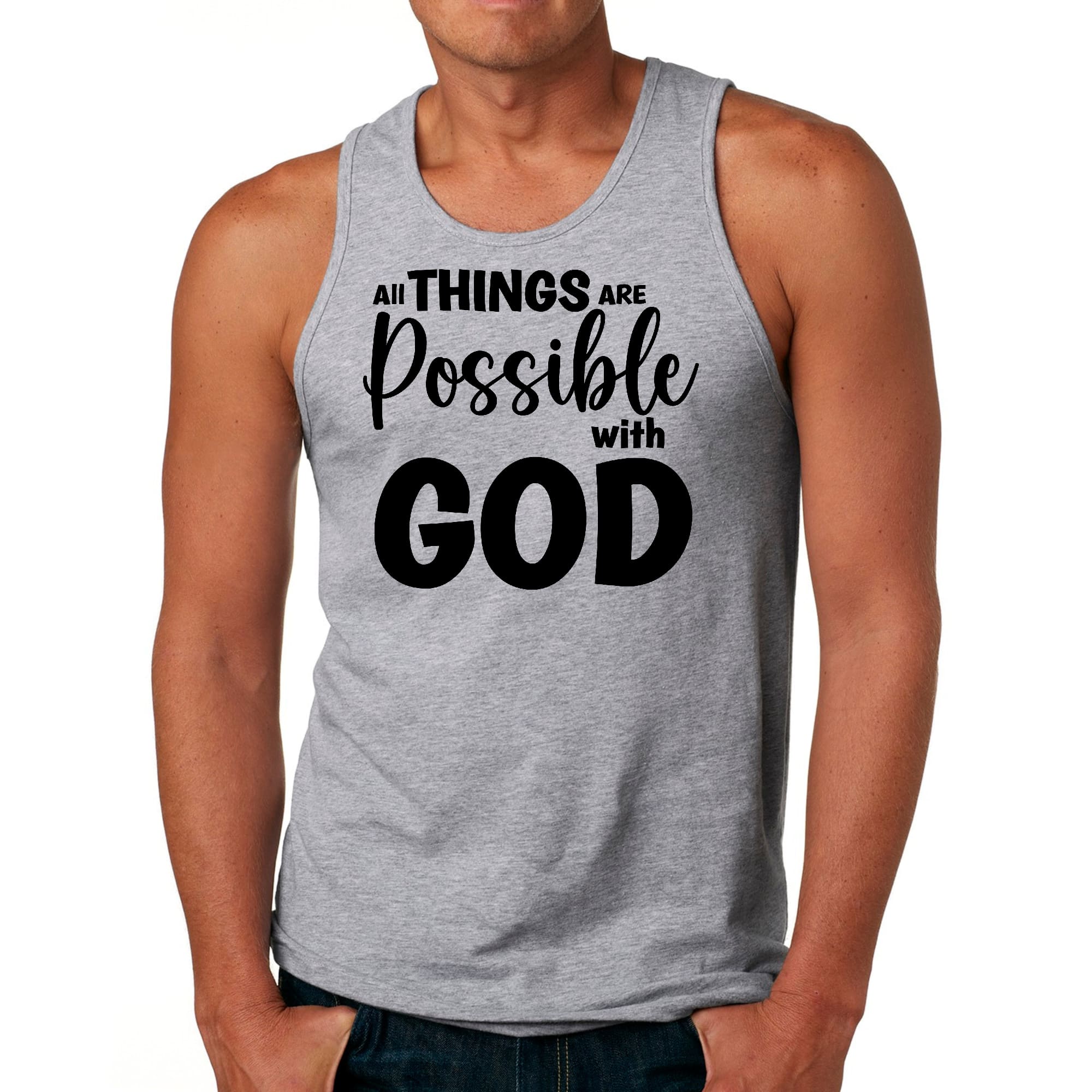 Men's black fitness tank top with 'All Things Are Possible With GOD' graphic, made from soft preshrunk cotton for comfort and durability.