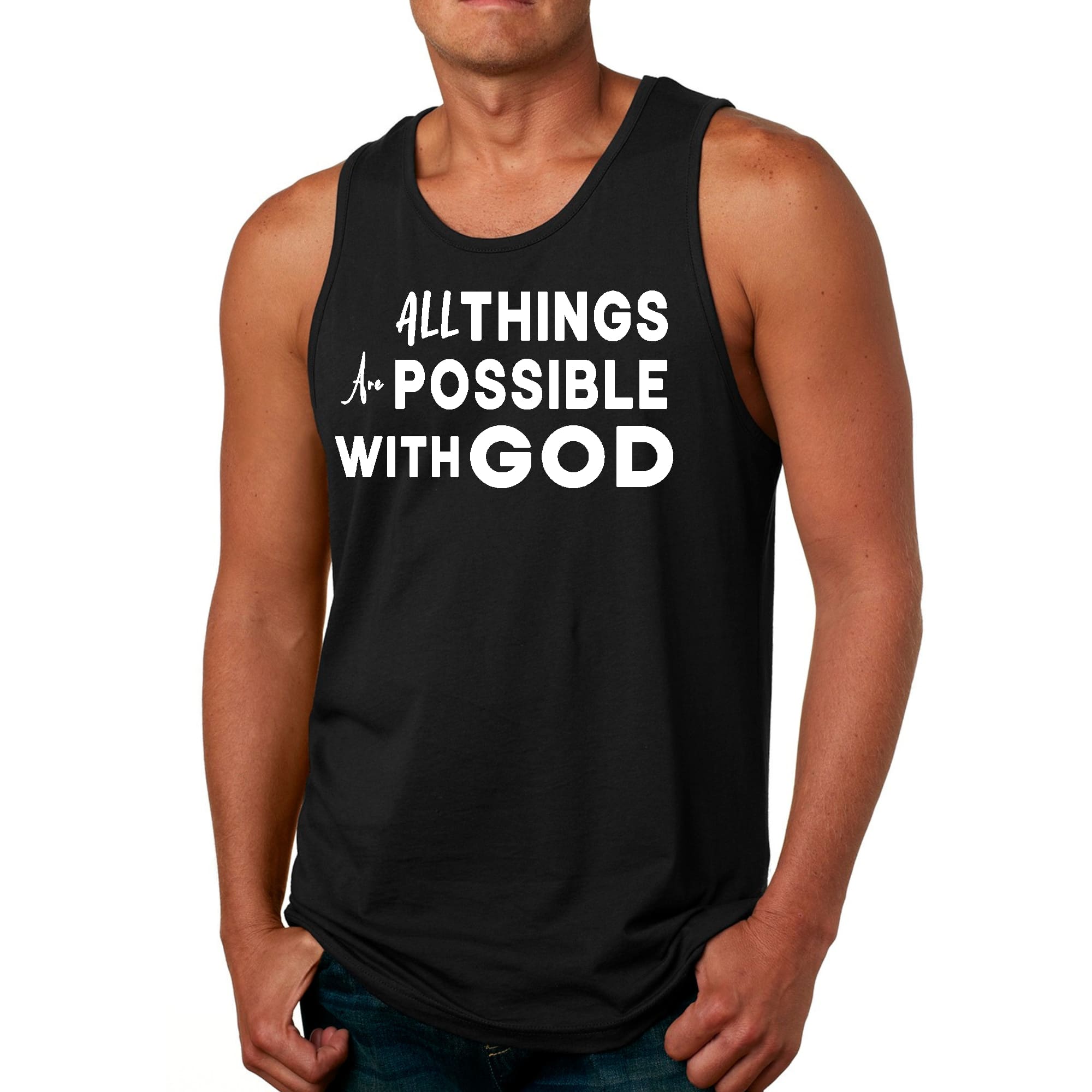 Men's Fitness Tank Top featuring the inspirational phrase 'All Things are Possible with God' in a stylish graphic design.