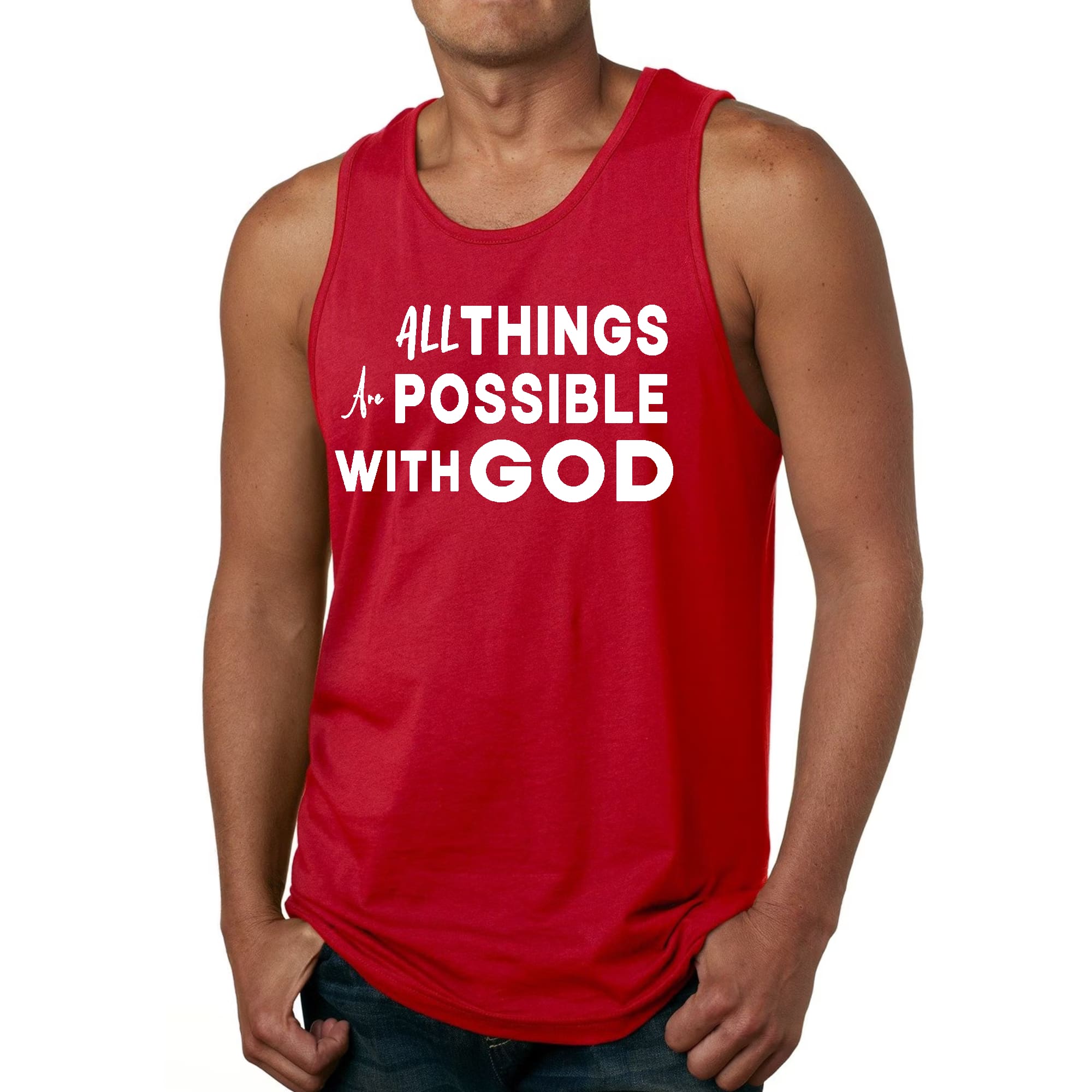 Men's Fitness Tank Top featuring the inspirational phrase 'All Things are Possible with God' in a stylish graphic design.