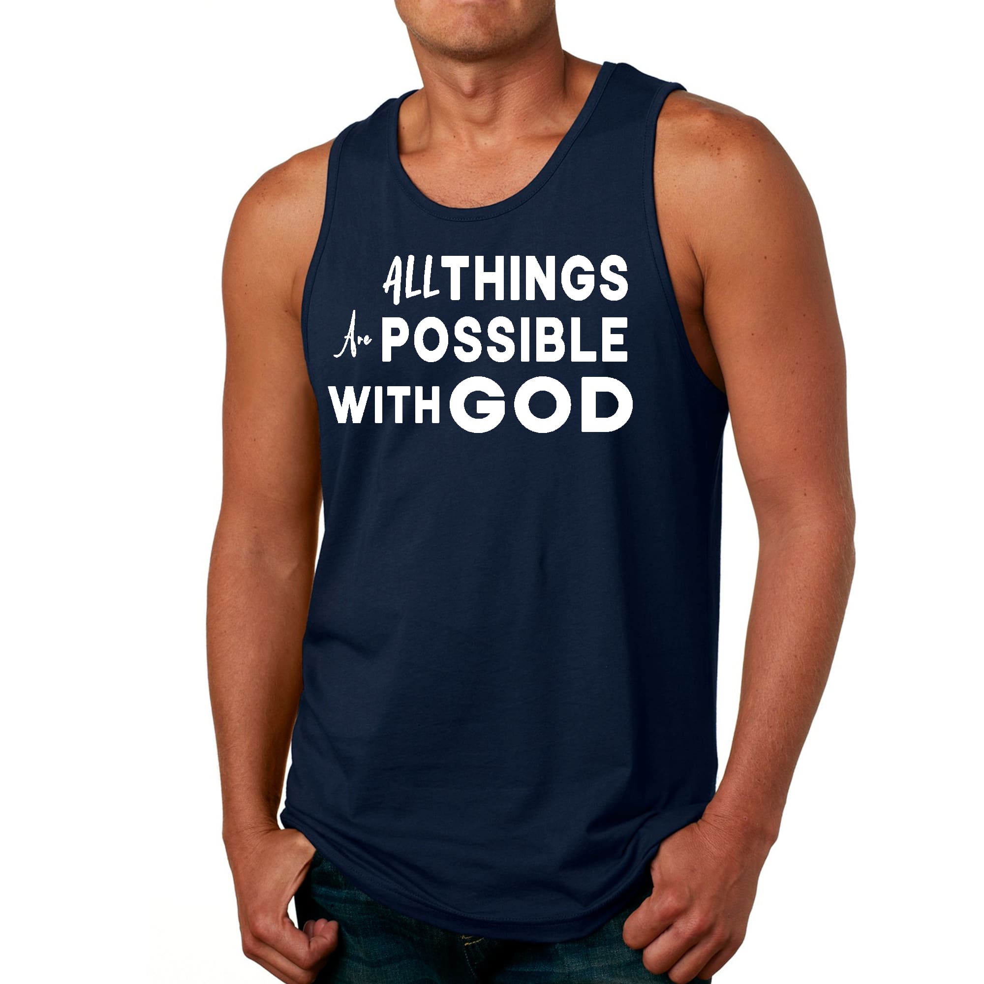 Men's Fitness Tank Top featuring the inspirational phrase 'All Things are Possible with God' in a stylish graphic design.