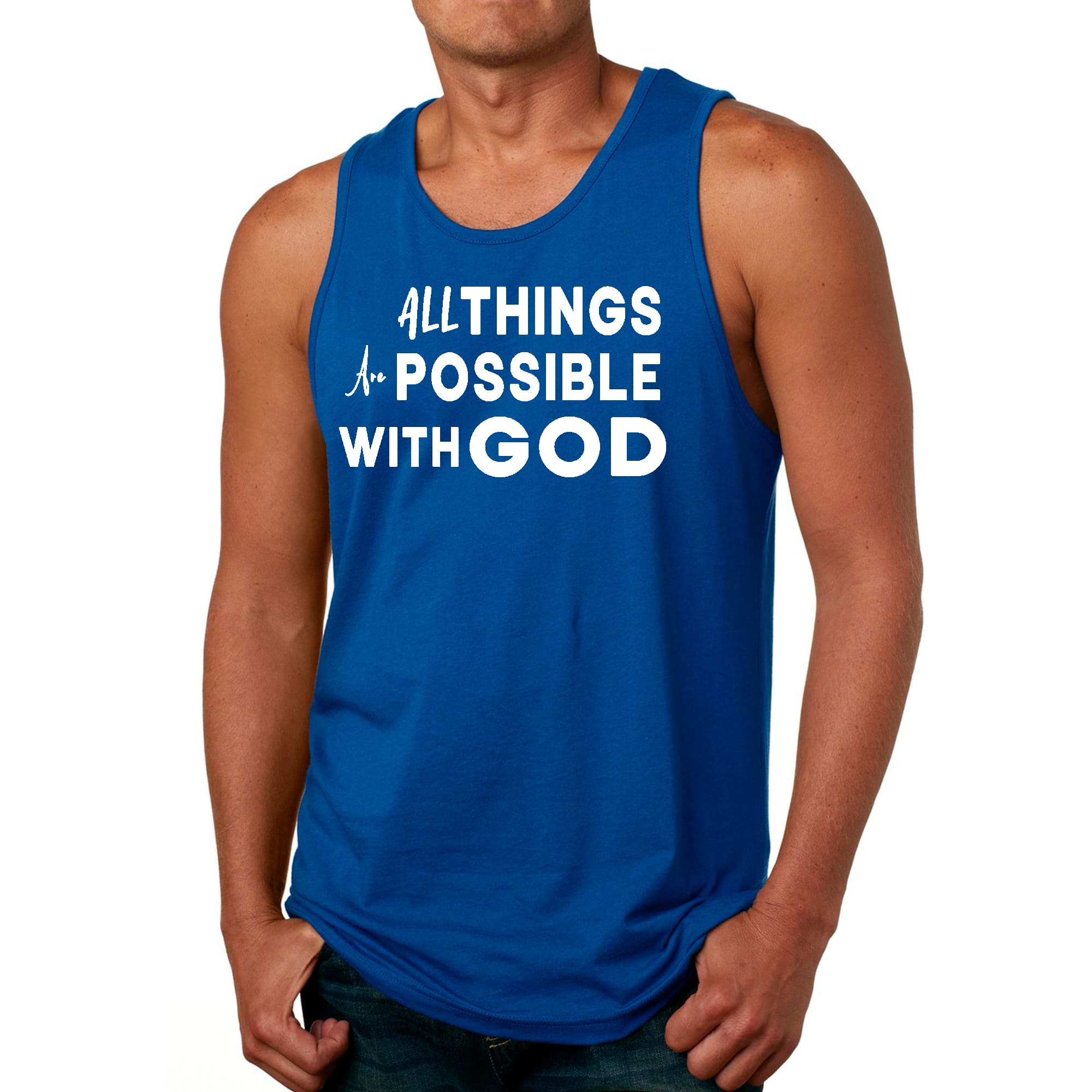 Men's Fitness Tank Top featuring the inspirational phrase 'All Things are Possible with God' in a stylish graphic design.
