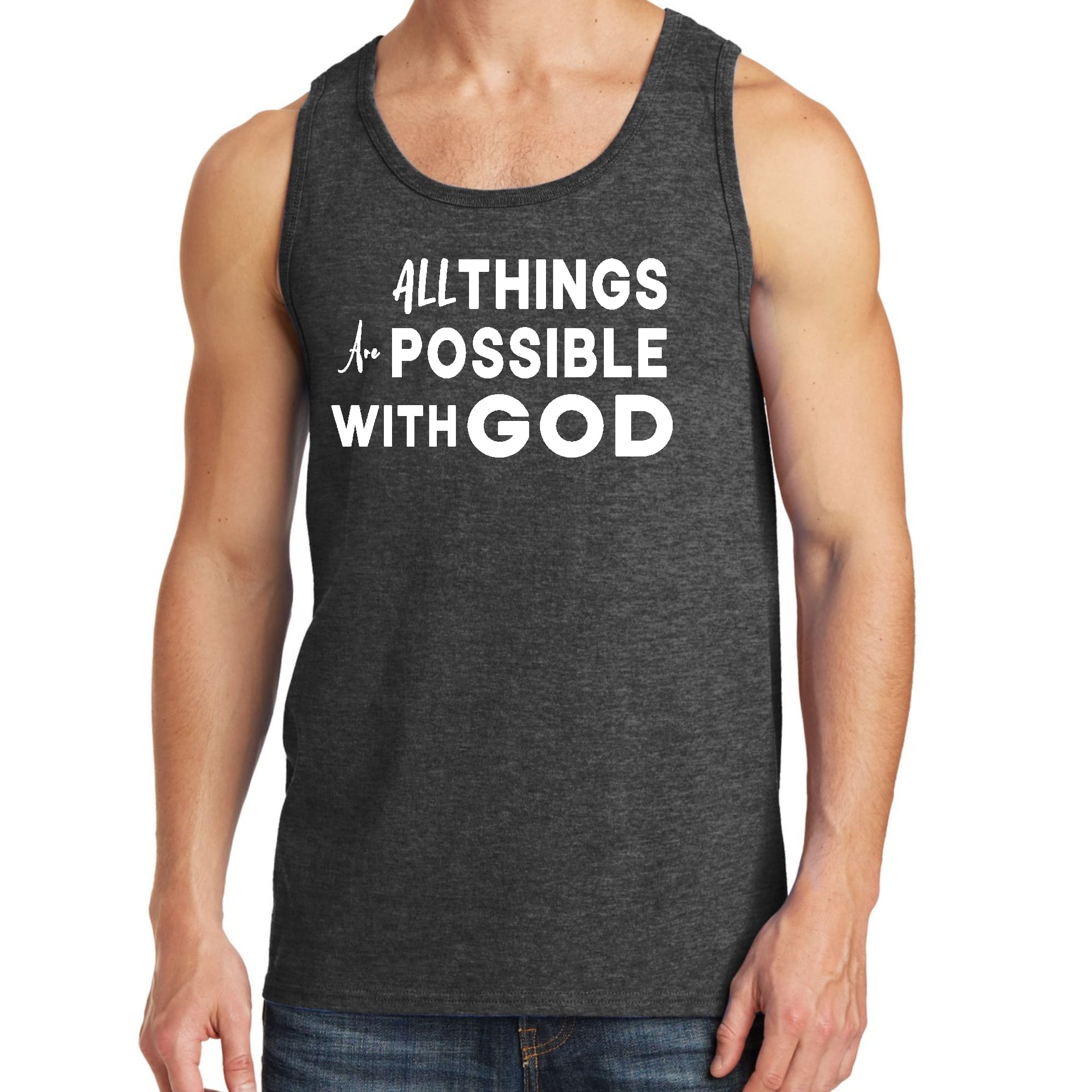 Men's Fitness Tank Top featuring the inspirational phrase 'All Things are Possible with God' in a stylish graphic design.