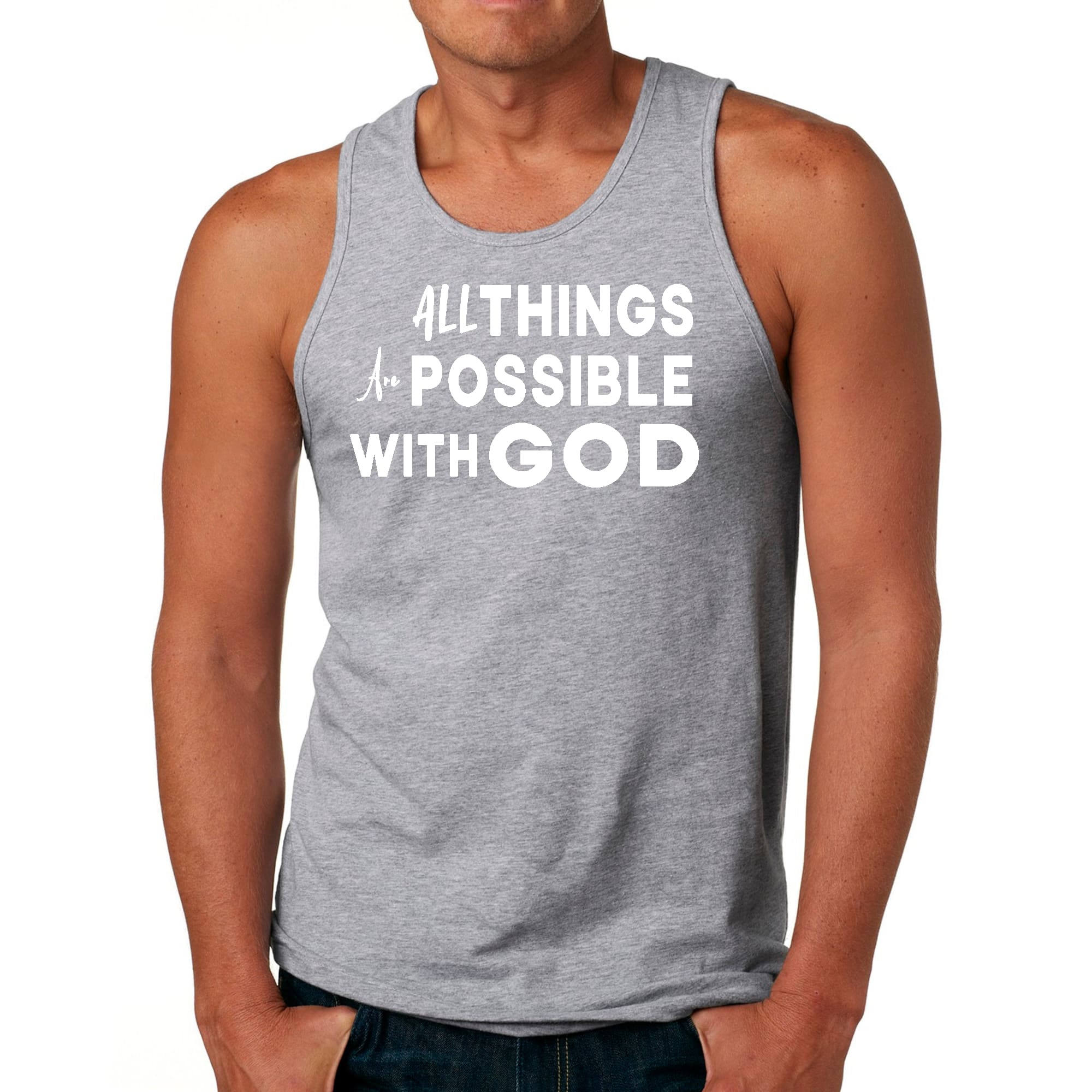 Men's Fitness Tank Top featuring the inspirational phrase 'All Things are Possible with God' in a stylish graphic design.