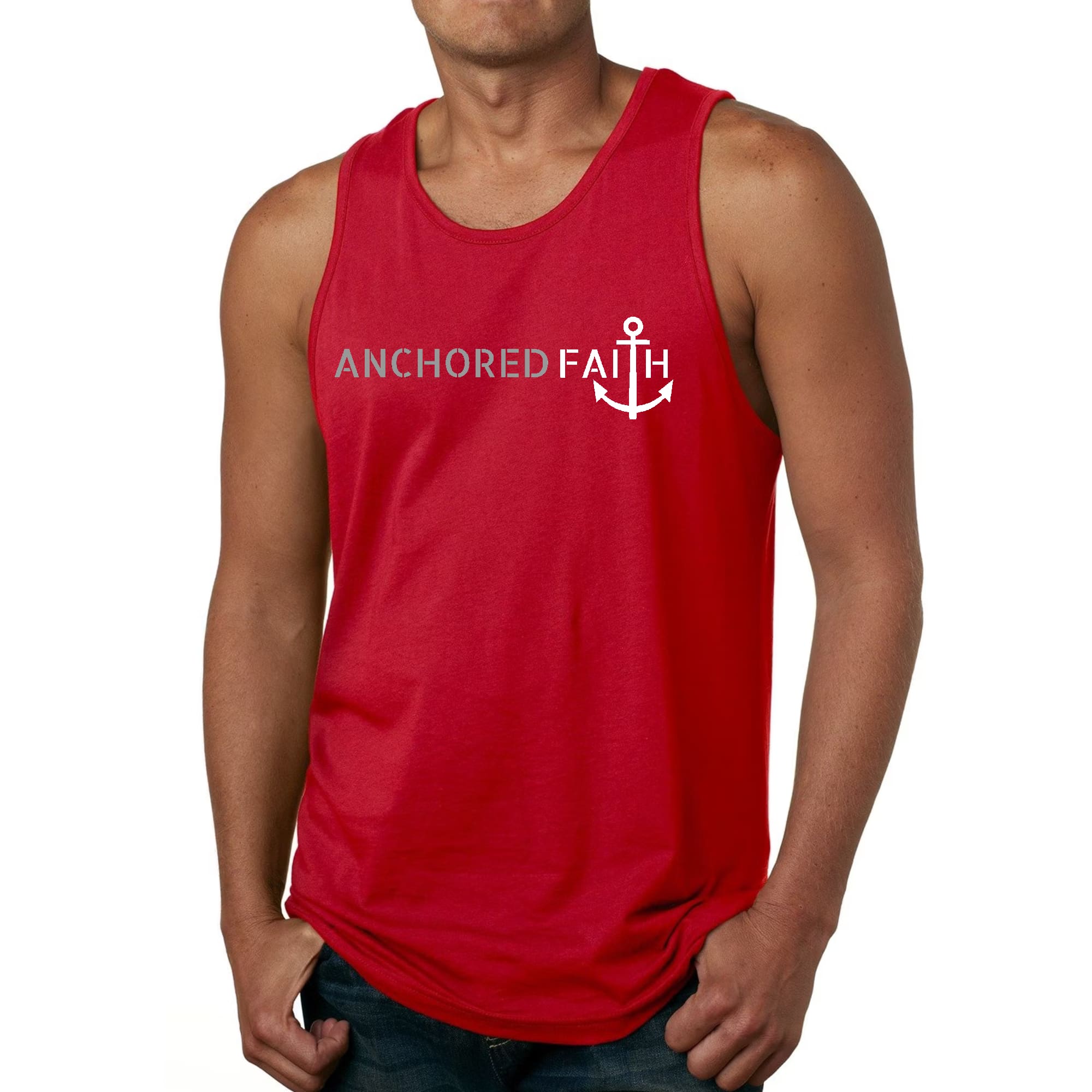 Men's Fitness Tank Top Graphic T-shirt in Grey and White featuring Anchored Faith design, made from soft preshrunk cotton.