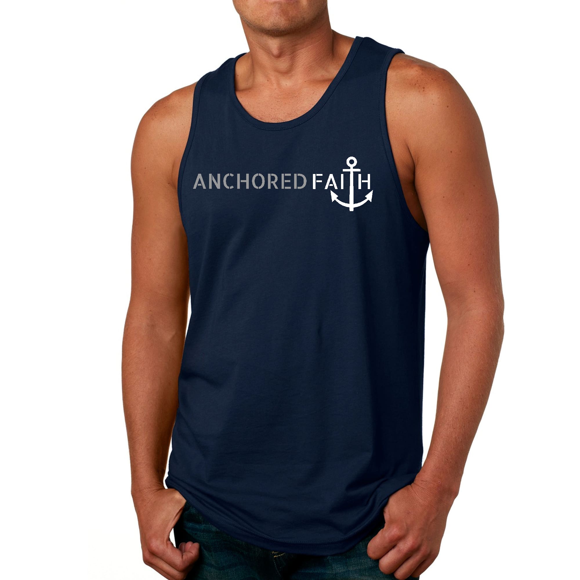 Men's Fitness Tank Top Graphic T-shirt in Grey and White featuring Anchored Faith design, made from soft preshrunk cotton.