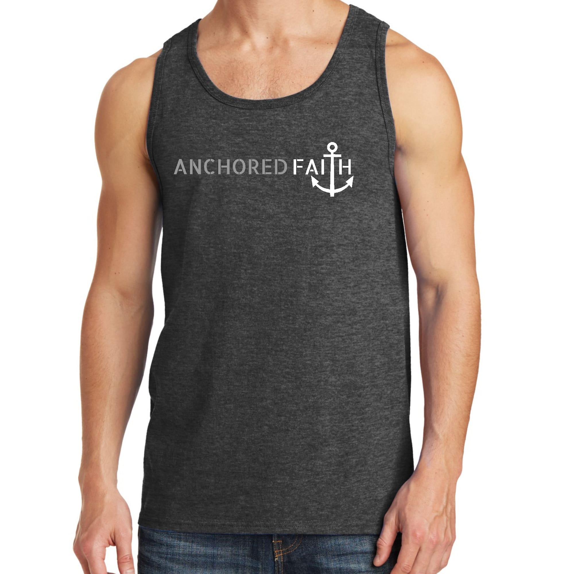 Men's Fitness Tank Top Graphic T-shirt in Grey and White featuring Anchored Faith design, made from soft preshrunk cotton.