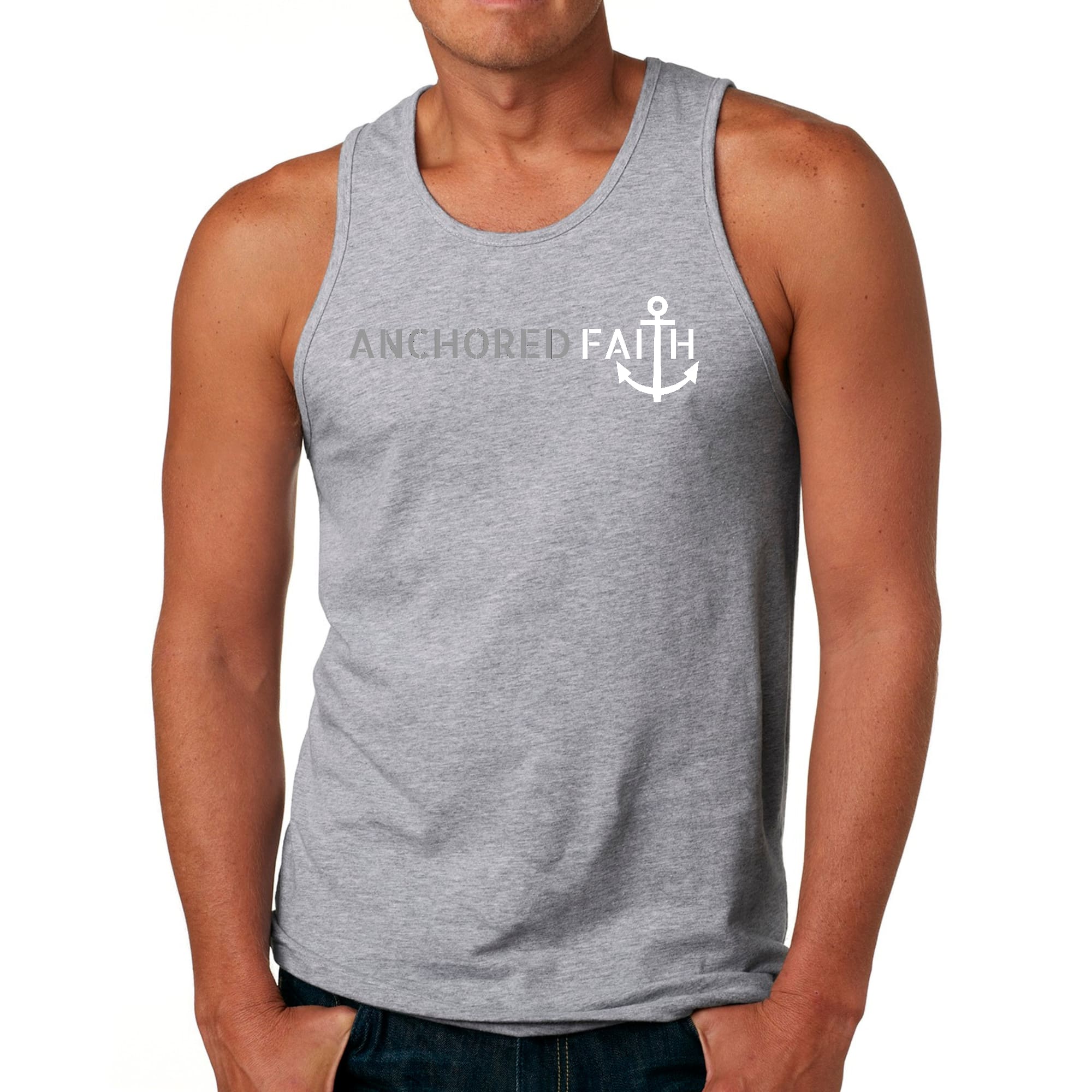 Men's Fitness Tank Top Graphic T-shirt in Grey and White featuring Anchored Faith design, made from soft preshrunk cotton.