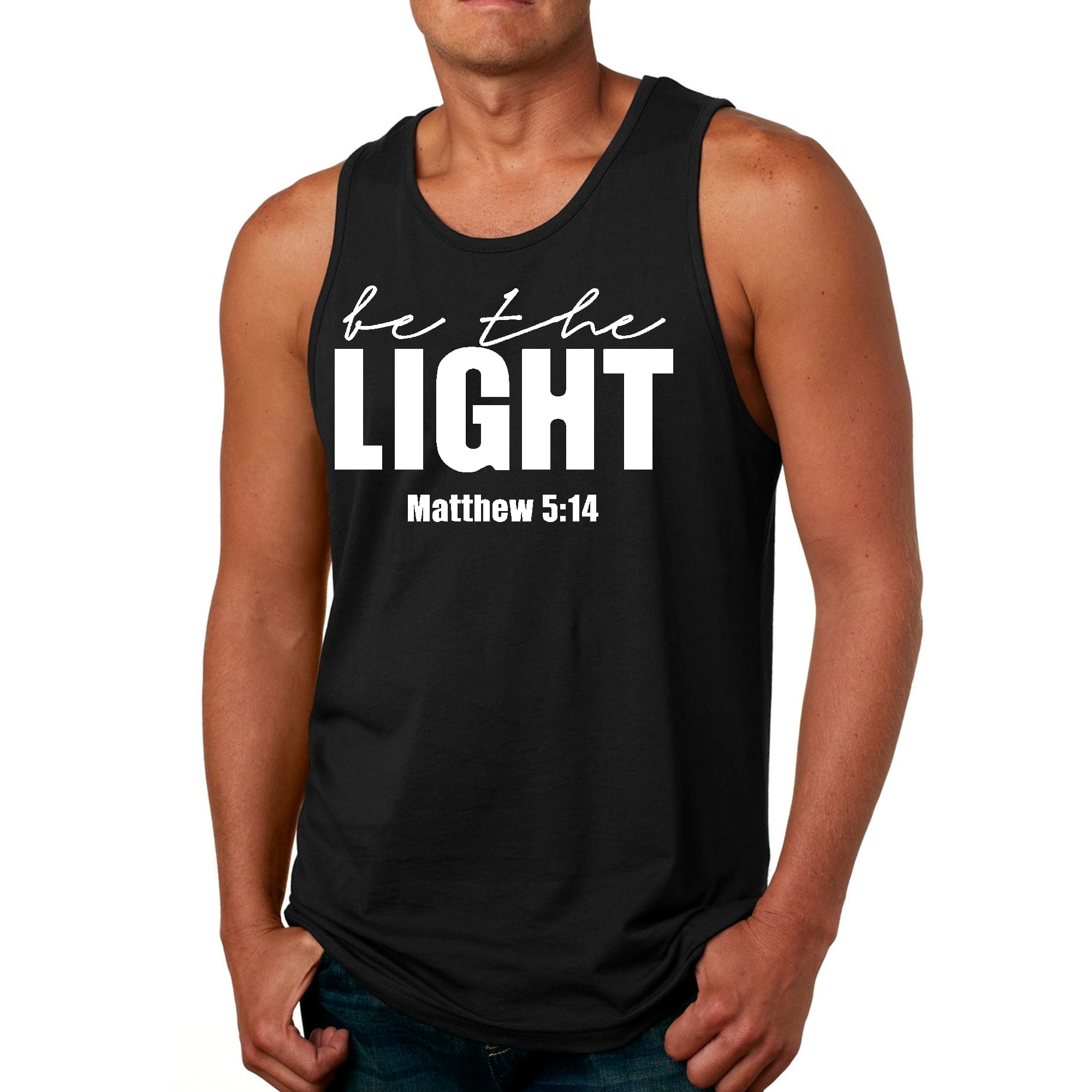 Men's Fitness Tank Top featuring 'Be The Light' inspirational graphic design, made from soft preshrunk cotton for comfort.