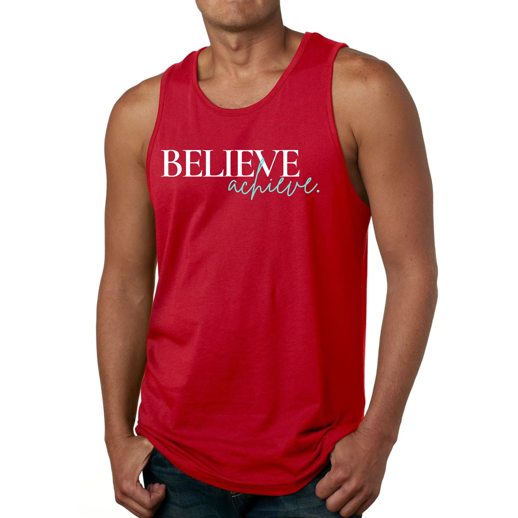 Men's Fitness Tank Top Graphic T-shirt featuring 'Believe and Achieve' design, made from soft preshrunk cotton for comfort during workouts.