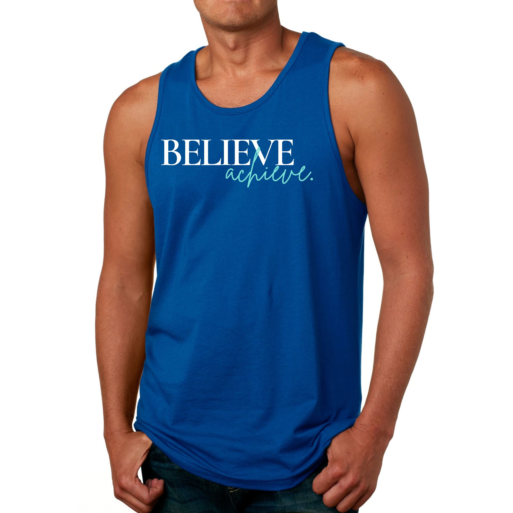 Men's Fitness Tank Top Graphic T-shirt featuring 'Believe and Achieve' design, made from soft preshrunk cotton for comfort during workouts.