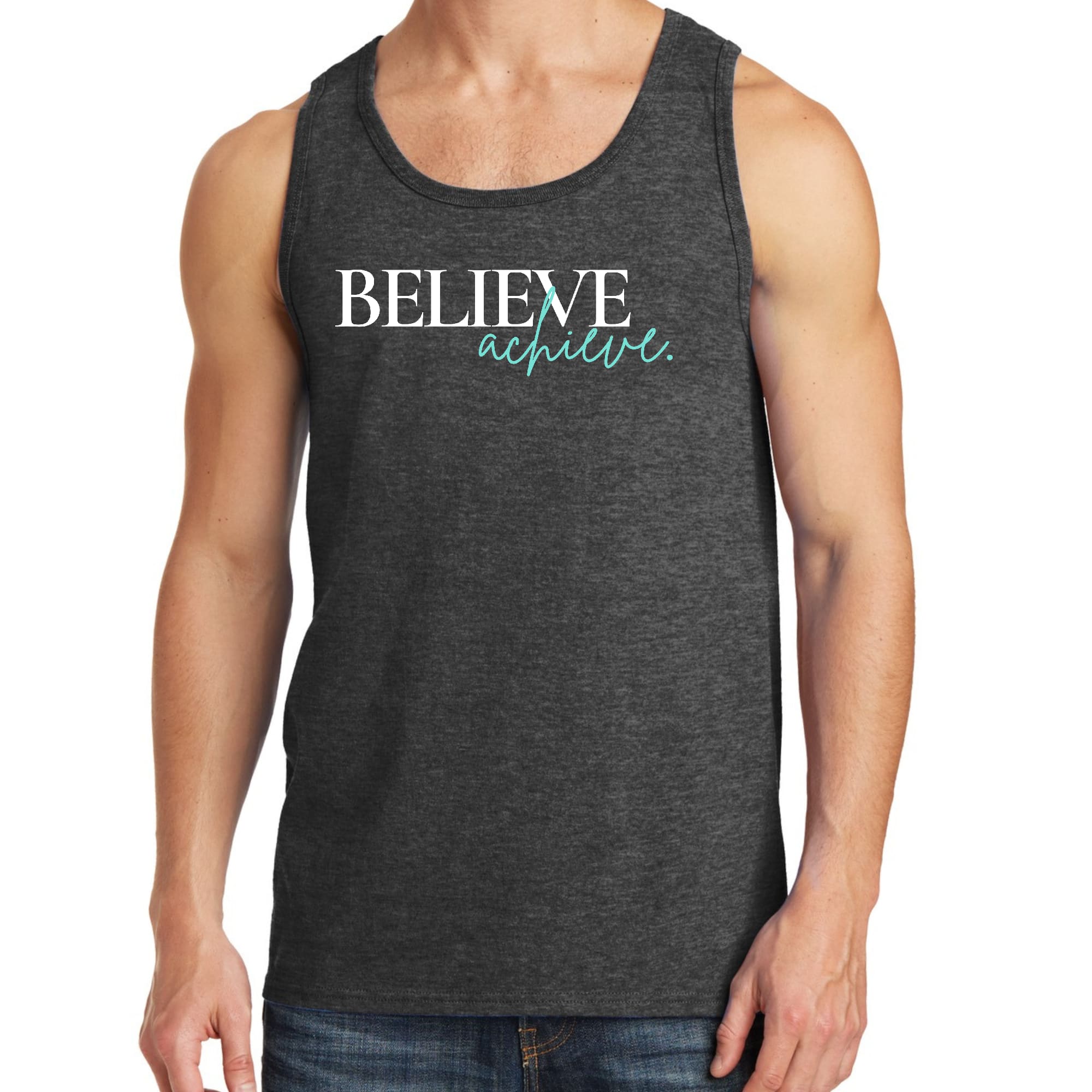 Men's Fitness Tank Top Graphic T-shirt featuring 'Believe and Achieve' design, made from soft preshrunk cotton for comfort during workouts.