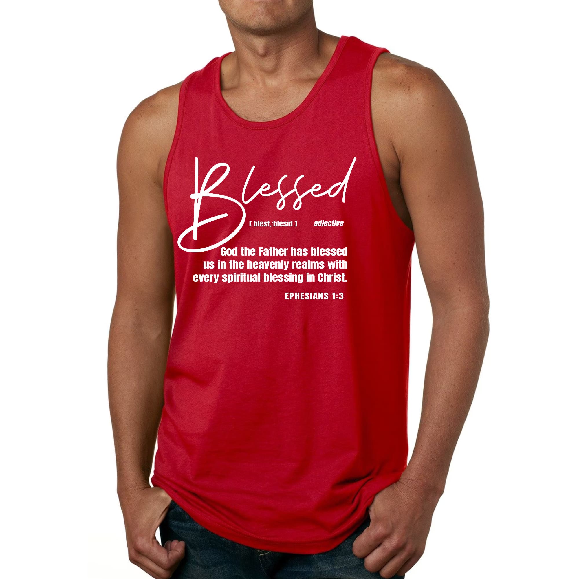 Men's Fitness Tank Top Graphic T-shirt featuring 'Blessed in Christ' design, made from soft preshrunk cotton for comfort.
