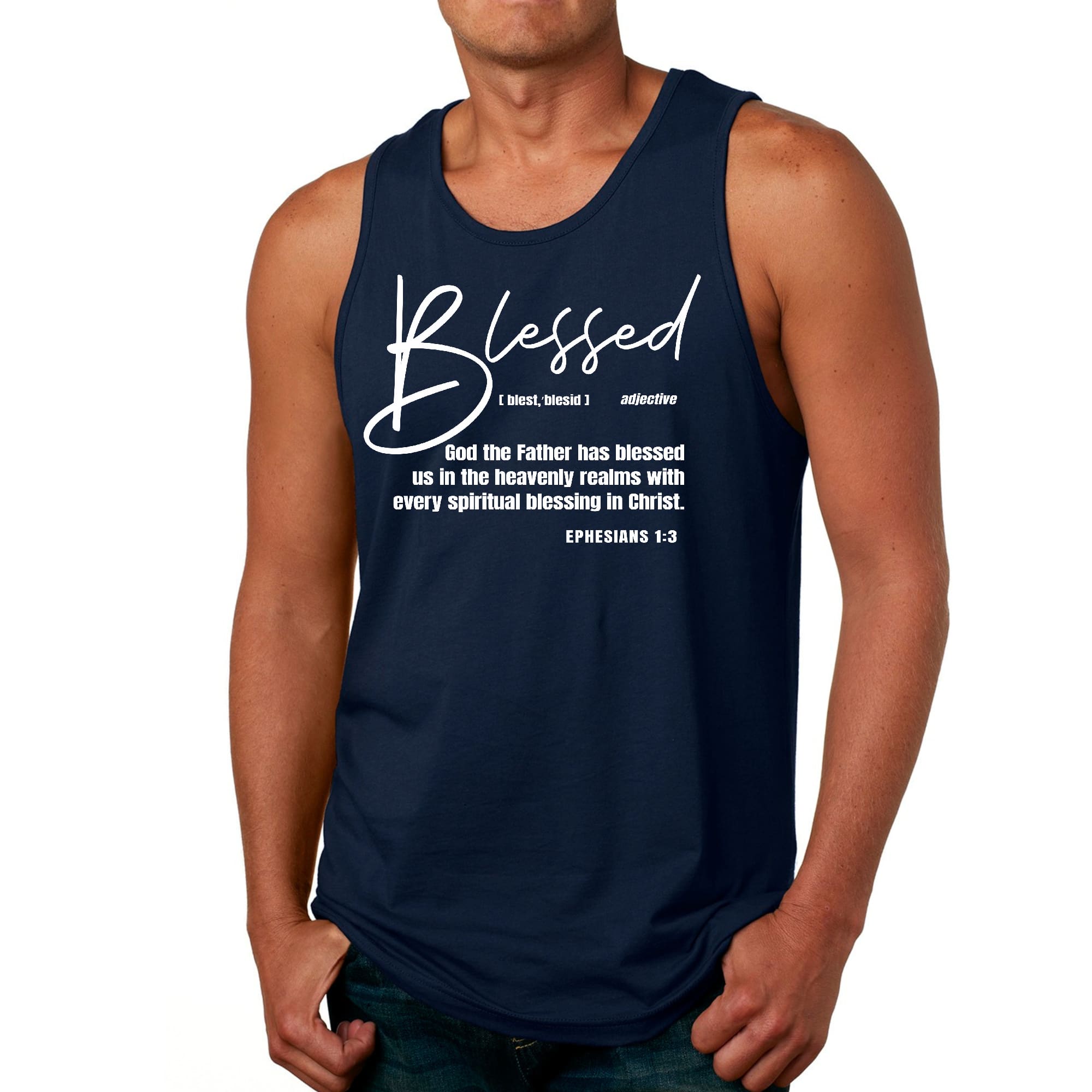 Men's Fitness Tank Top Graphic T-shirt featuring 'Blessed in Christ' design, made from soft preshrunk cotton for comfort.
