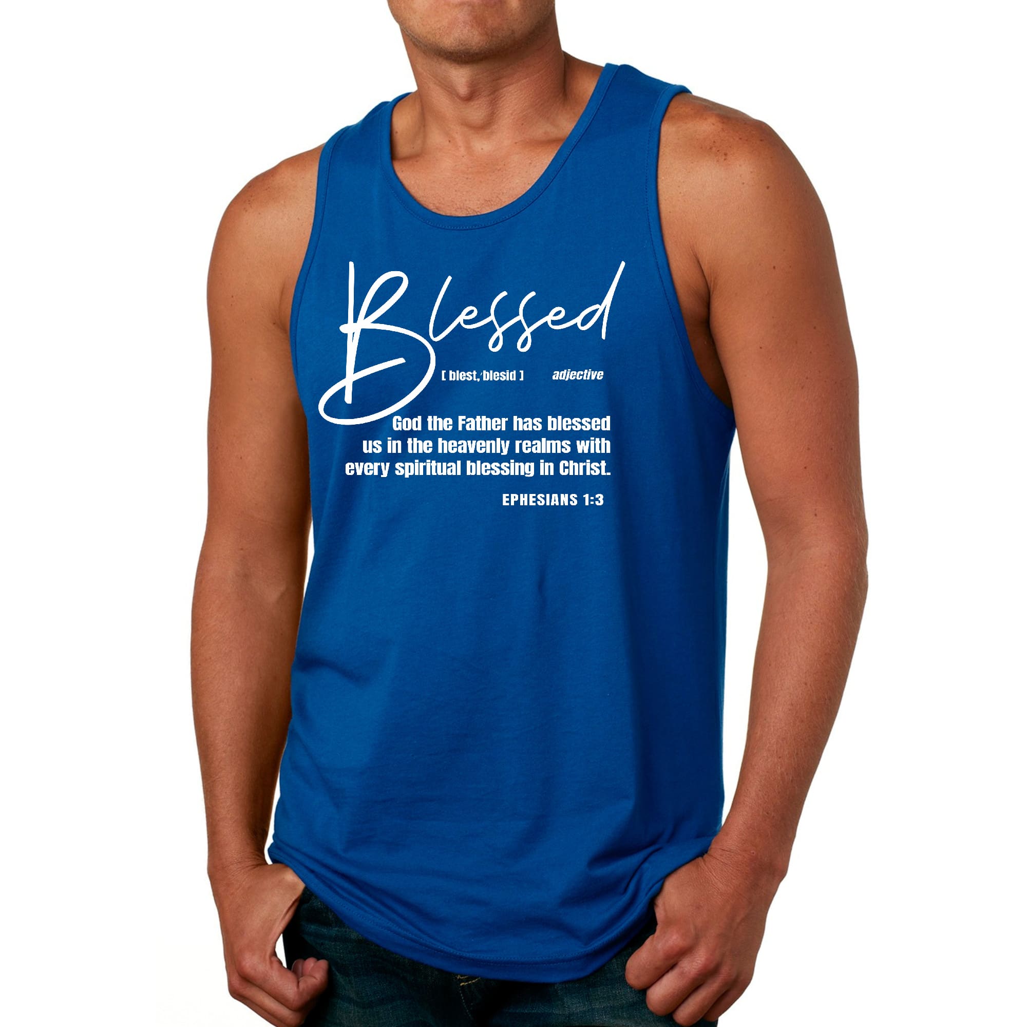 Men's Fitness Tank Top Graphic T-shirt featuring 'Blessed in Christ' design, made from soft preshrunk cotton for comfort.