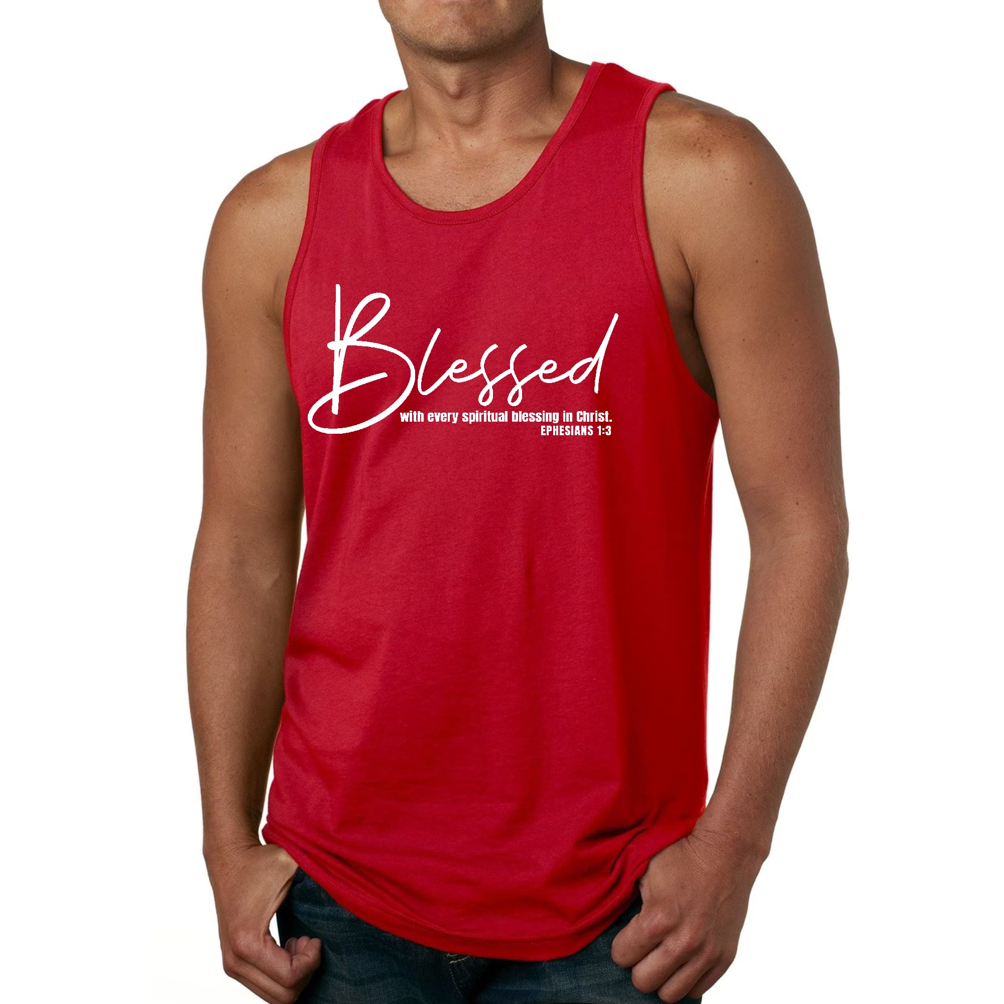 Men's Fitness Tank Top featuring a white graphic print with the text 'Blessed With Every Spiritual Blessing' on a comfortable cotton fabric.