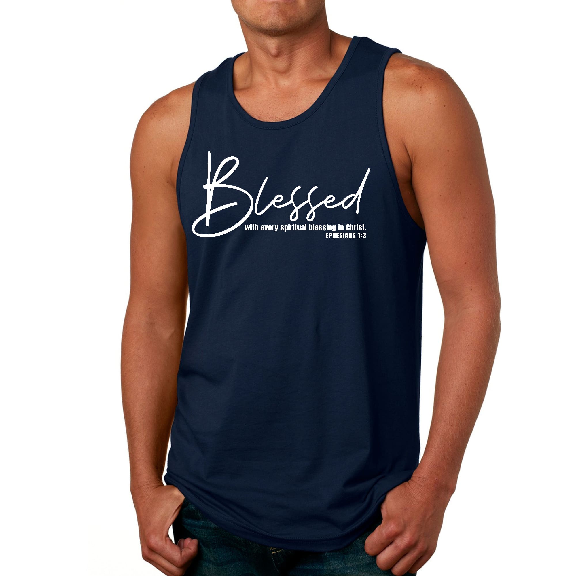 Men's Fitness Tank Top featuring a white graphic print with the text 'Blessed With Every Spiritual Blessing' on a comfortable cotton fabric.