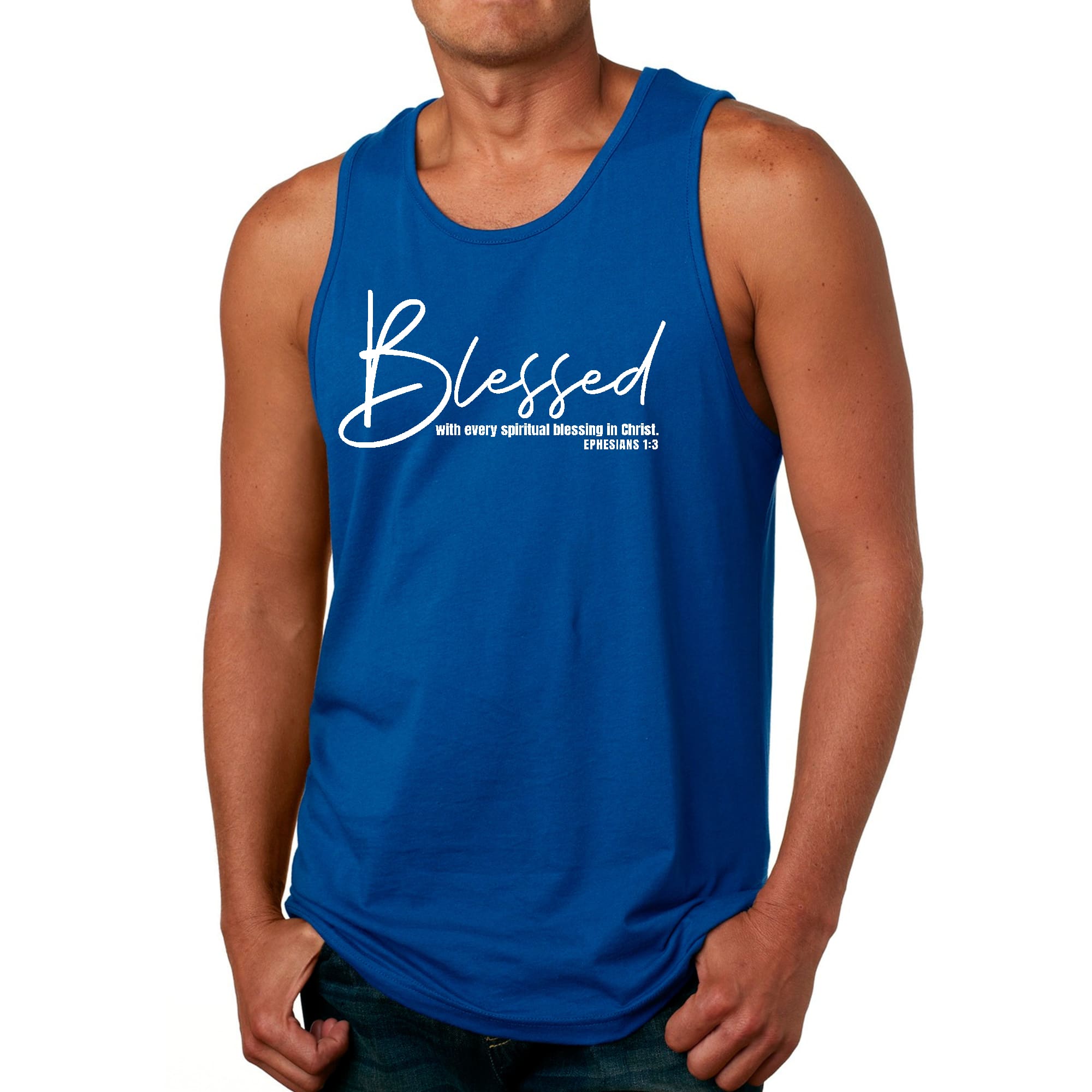 Men's Fitness Tank Top featuring a white graphic print with the text 'Blessed With Every Spiritual Blessing' on a comfortable cotton fabric.