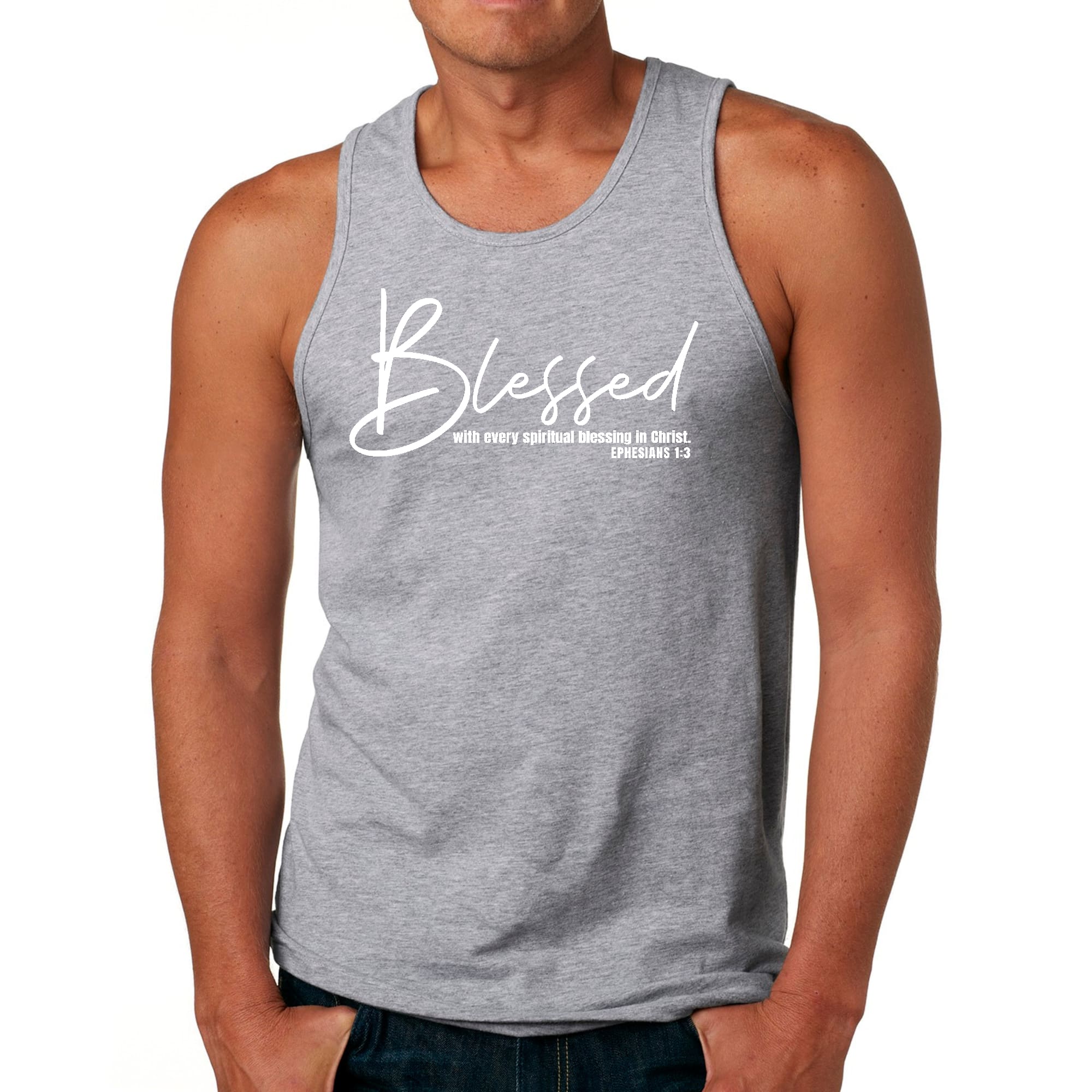 Men's Fitness Tank Top featuring a white graphic print with the text 'Blessed With Every Spiritual Blessing' on a comfortable cotton fabric.