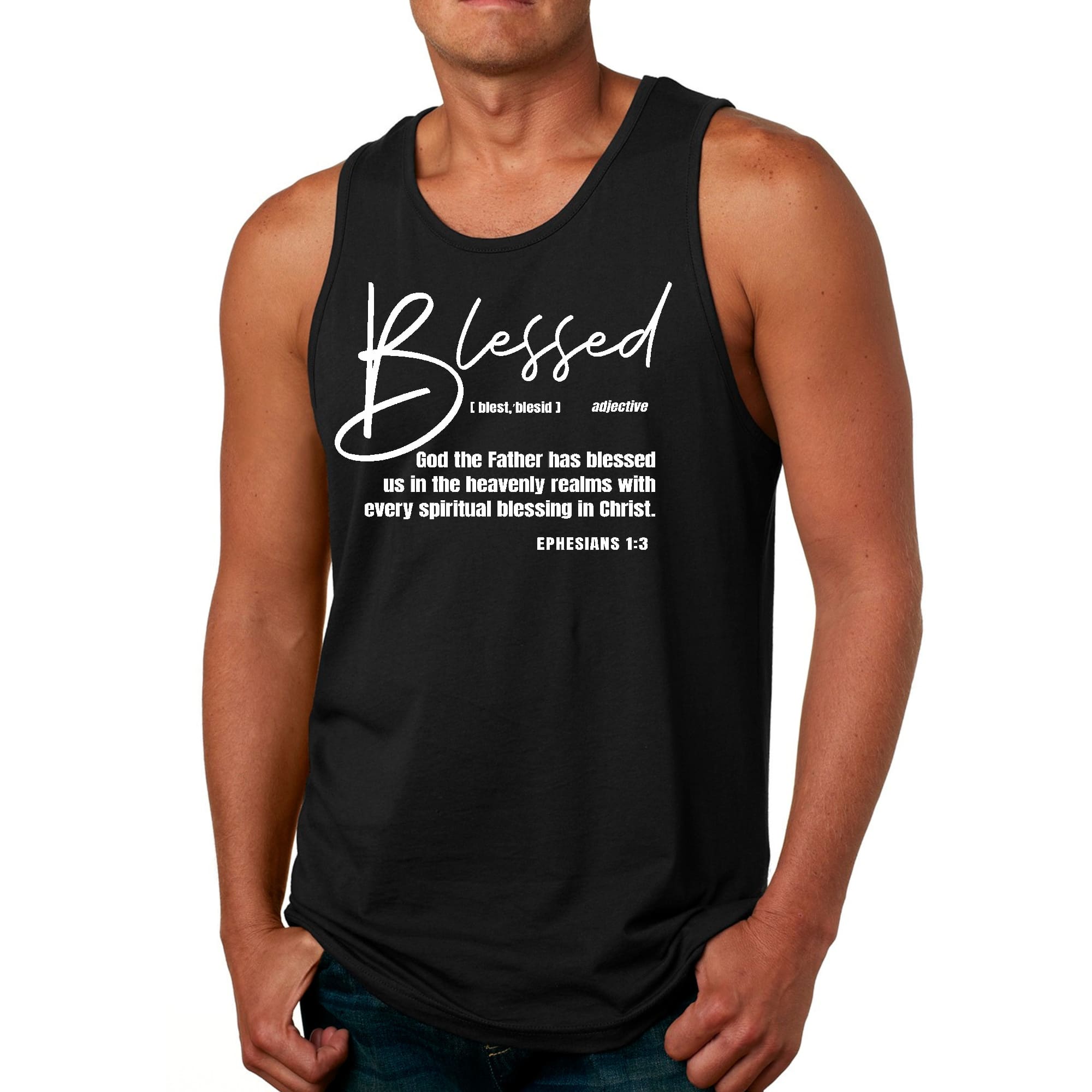Men's fitness tank top featuring Ephesians graphic with inspirational text, made from soft preshrunk cotton for comfort.