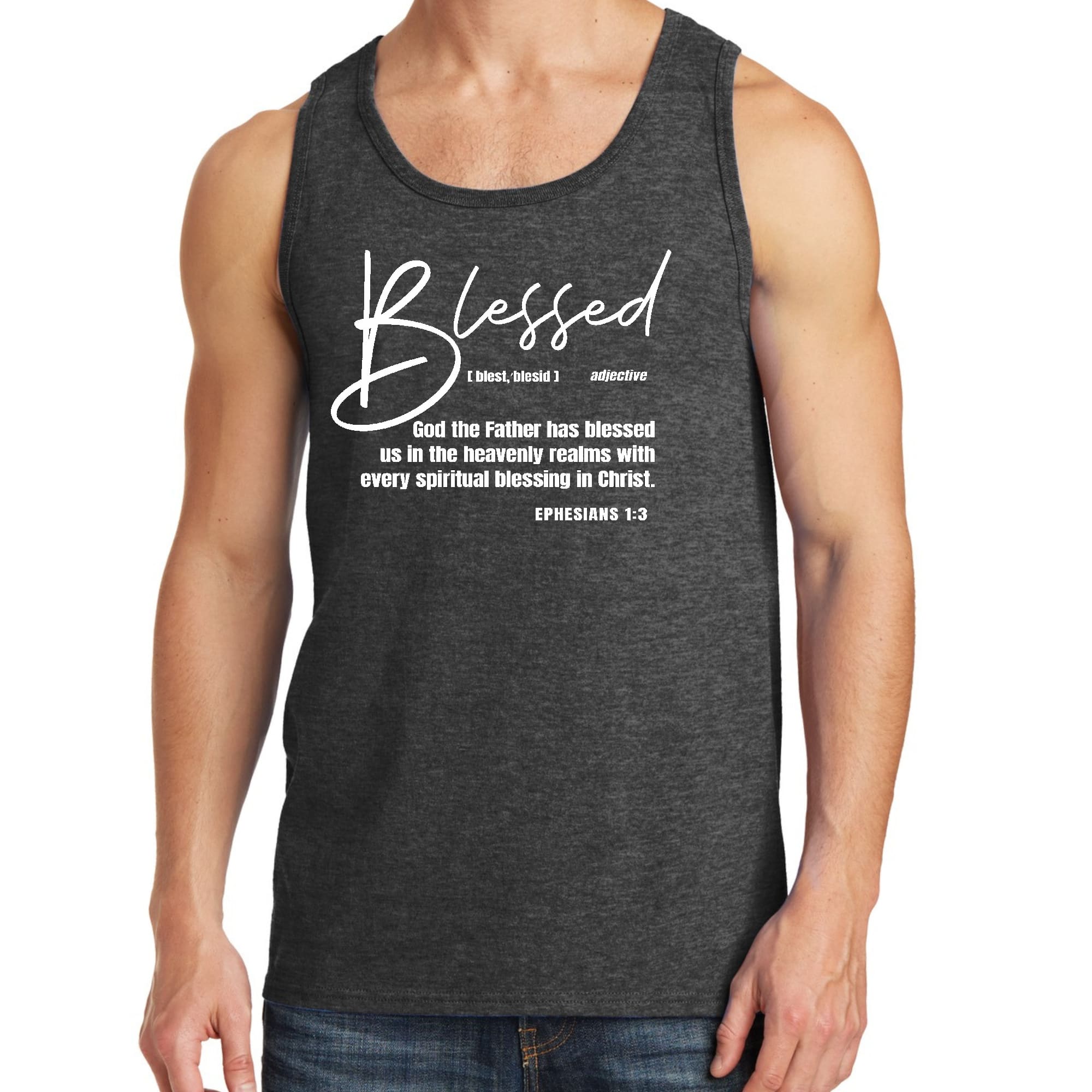 Men's fitness tank top featuring Ephesians graphic with inspirational text, made from soft preshrunk cotton for comfort.