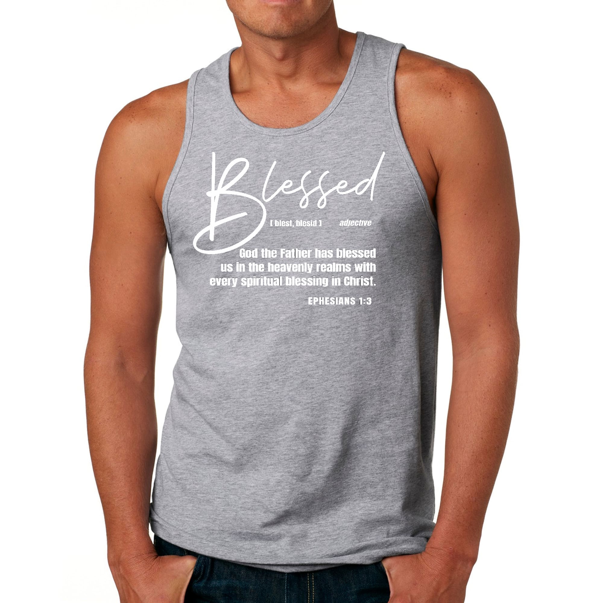 Men's fitness tank top featuring Ephesians graphic with inspirational text, made from soft preshrunk cotton for comfort.