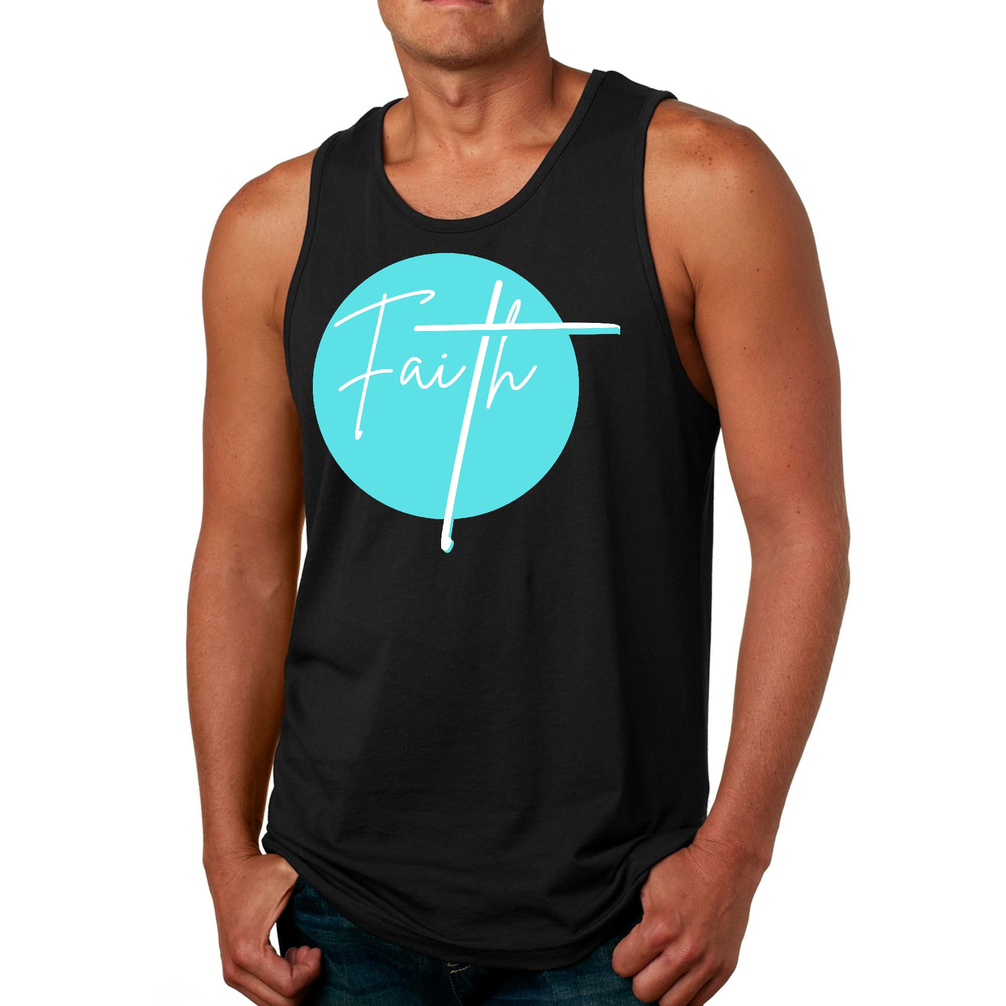Men's Fitness Tank Top in cyan blue and white featuring a Christian affirmation graphic design, made from soft preshrunk cotton.