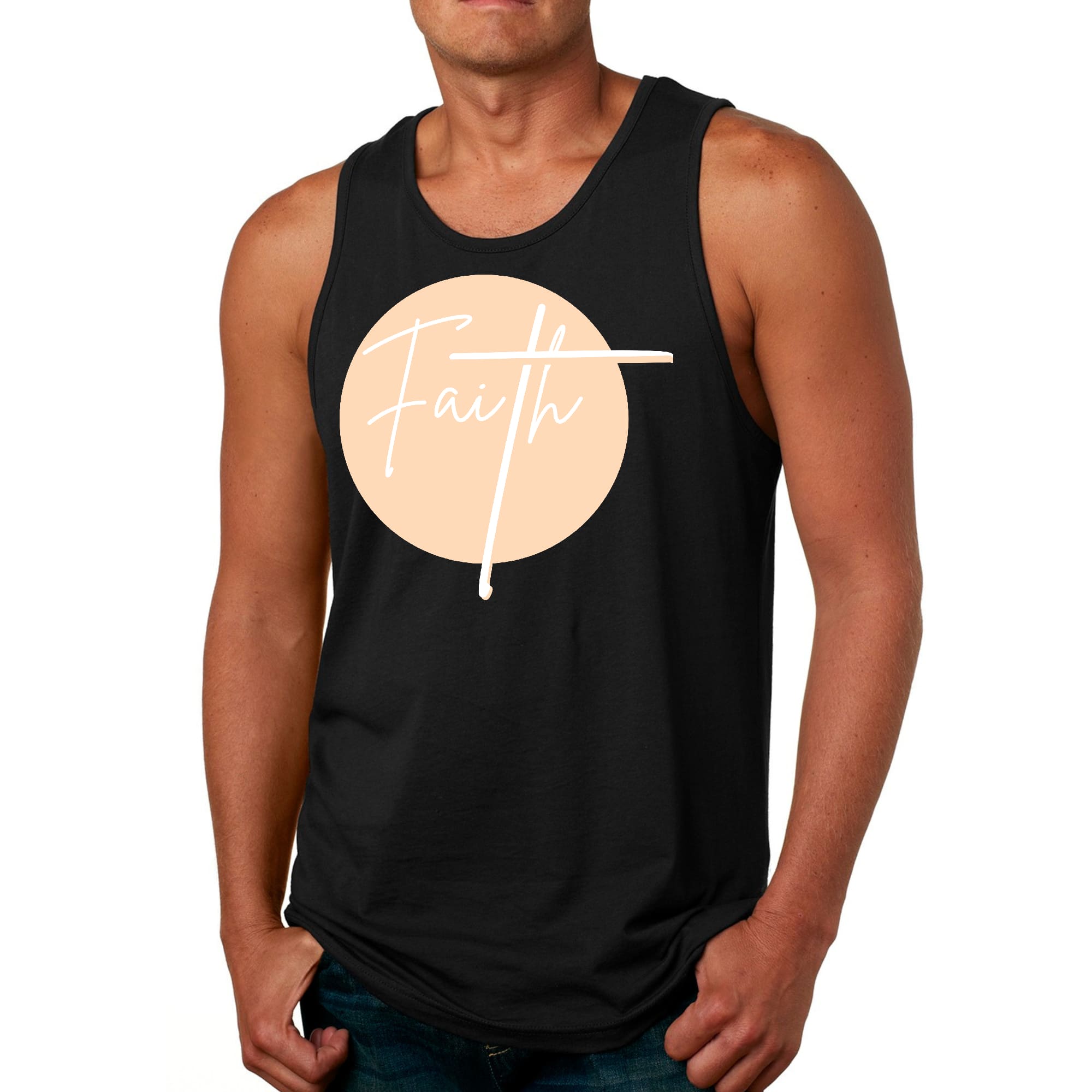 Men's Fitness Tank Top Graphic T-shirt in peach and white featuring a Christian affirmation design, made from soft preshrunk cotton.