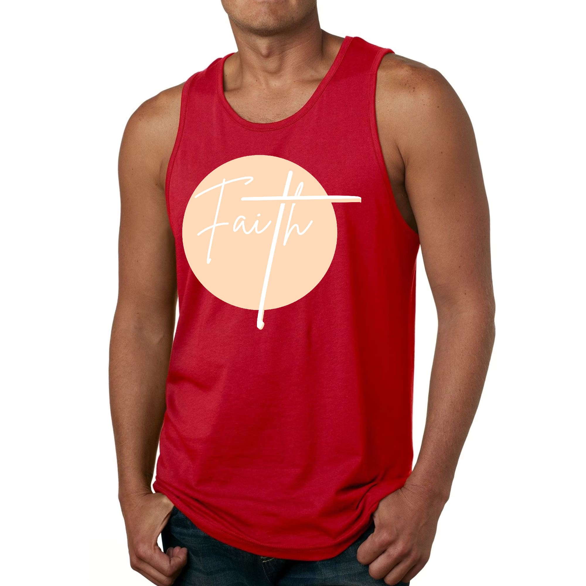 Men's Fitness Tank Top Graphic T-shirt in peach and white featuring a Christian affirmation design, made from soft preshrunk cotton.