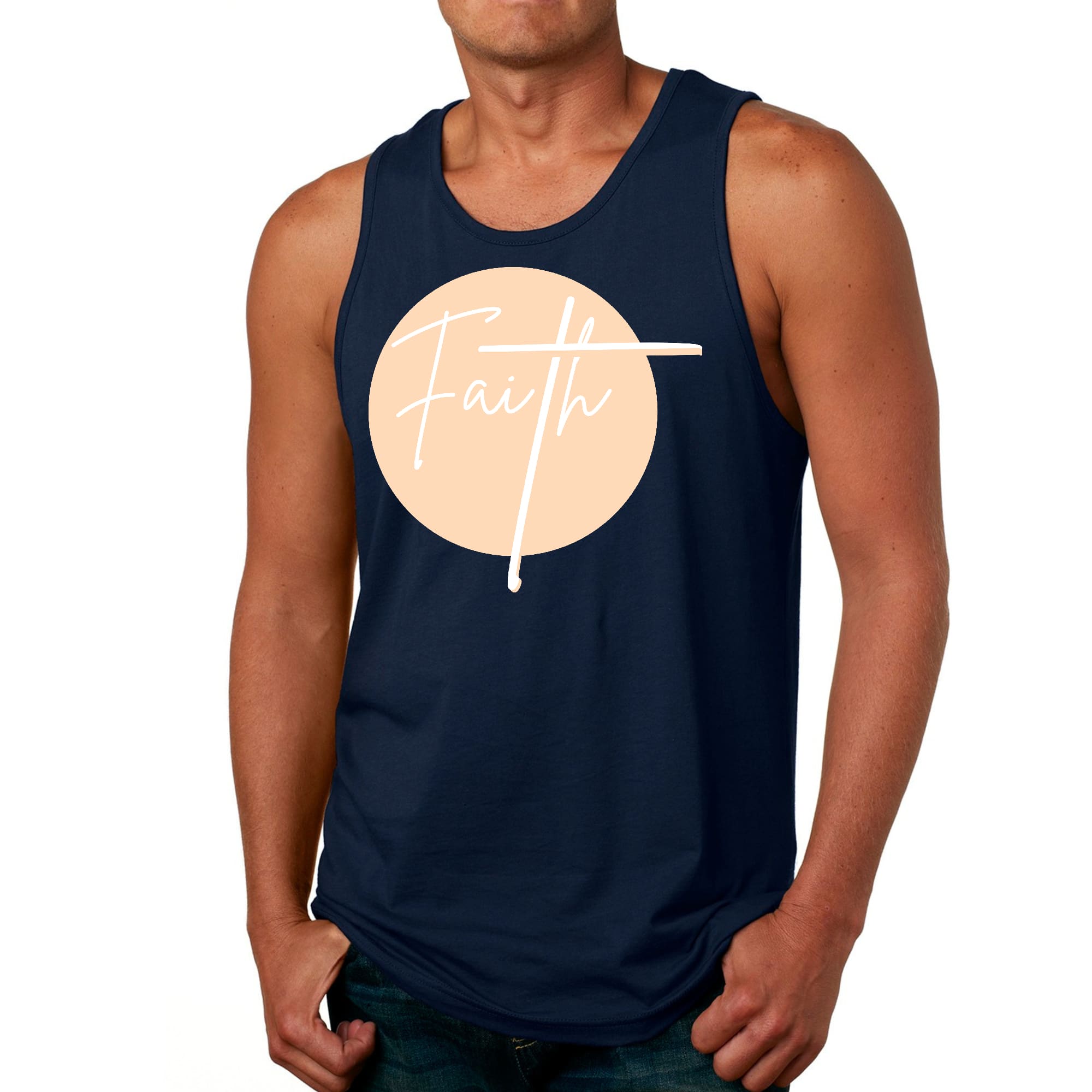 Men's Fitness Tank Top Graphic T-shirt in peach and white featuring a Christian affirmation design, made from soft preshrunk cotton.
