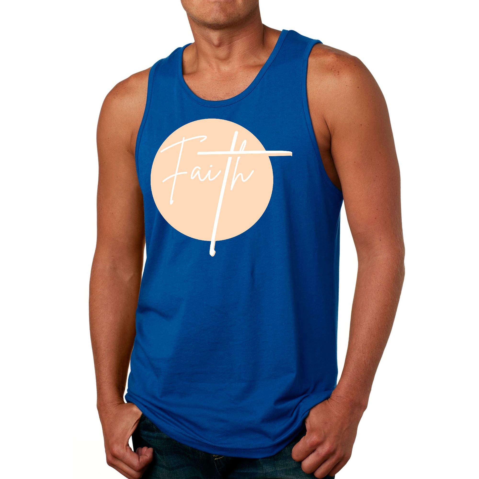 Men's Fitness Tank Top Graphic T-shirt in peach and white featuring a Christian affirmation design, made from soft preshrunk cotton.