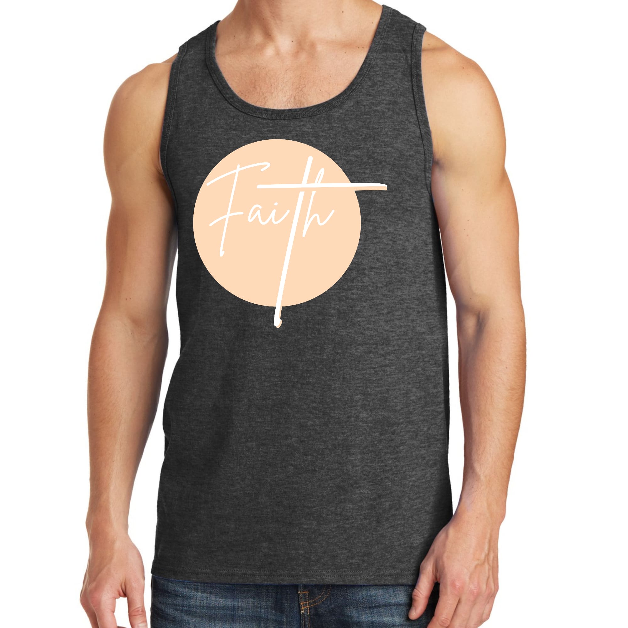 Men's Fitness Tank Top Graphic T-shirt in peach and white featuring a Christian affirmation design, made from soft preshrunk cotton.