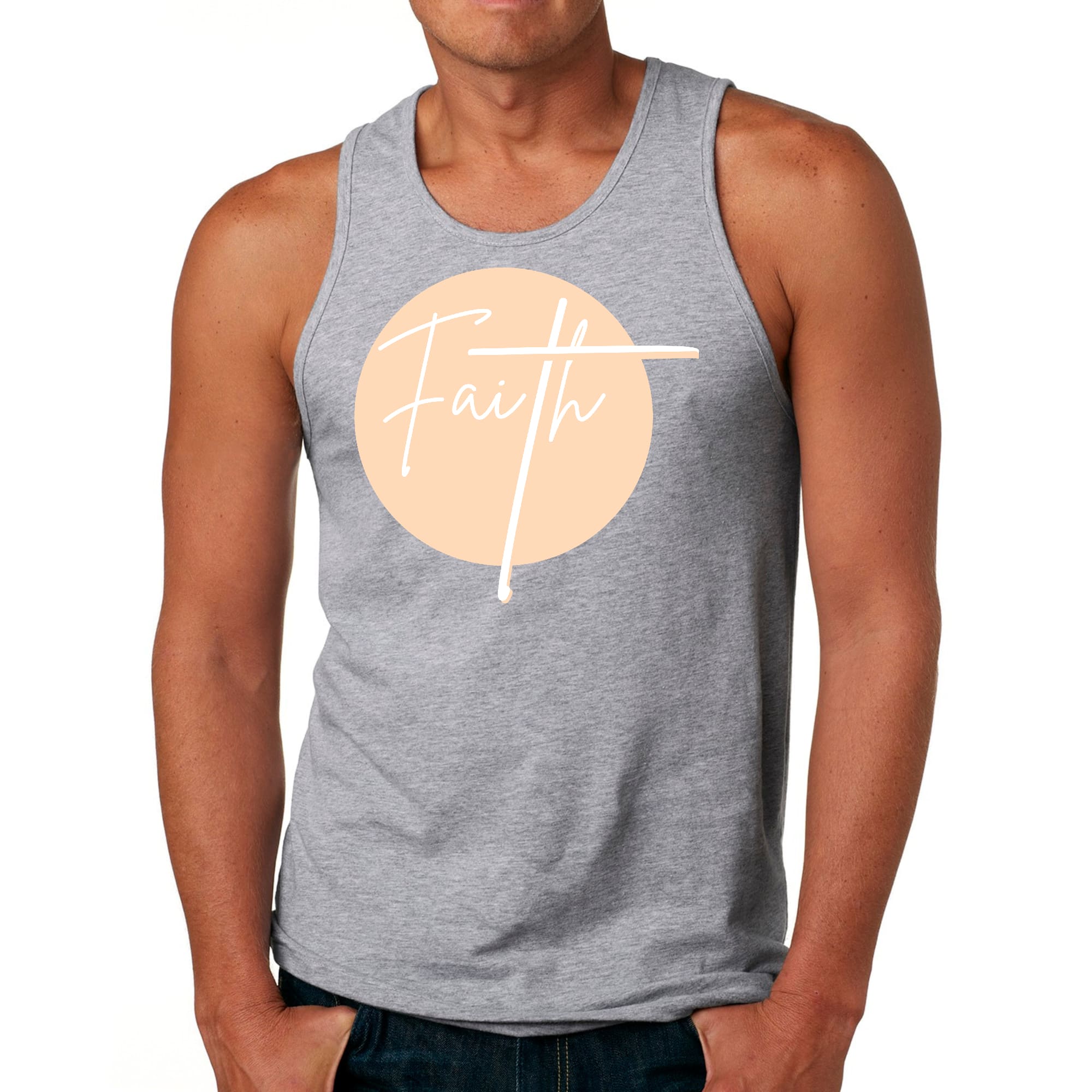 Men's Fitness Tank Top Graphic T-shirt in peach and white featuring a Christian affirmation design, made from soft preshrunk cotton.