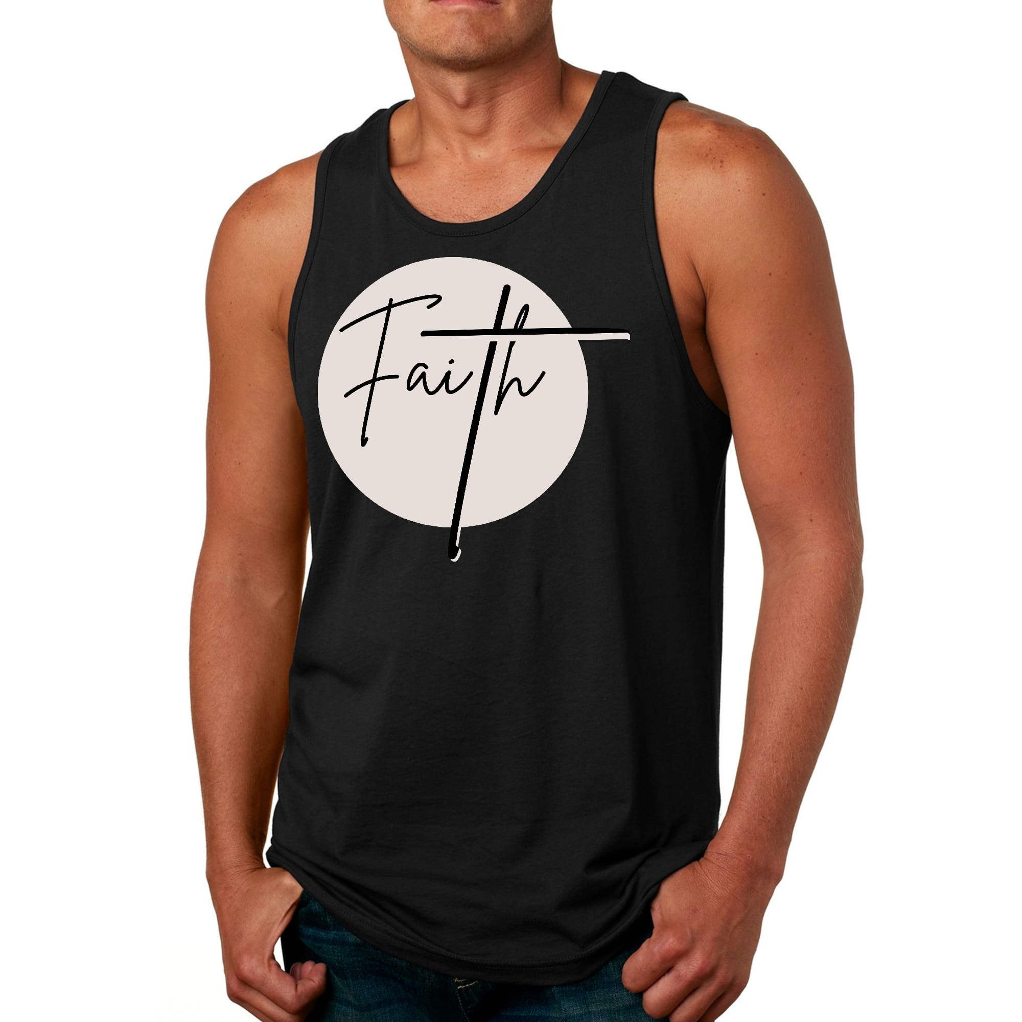 Men's Fitness Tank Top Graphic T-shirt featuring a stylish faith print design, made from soft preshrunk cotton for comfort.
