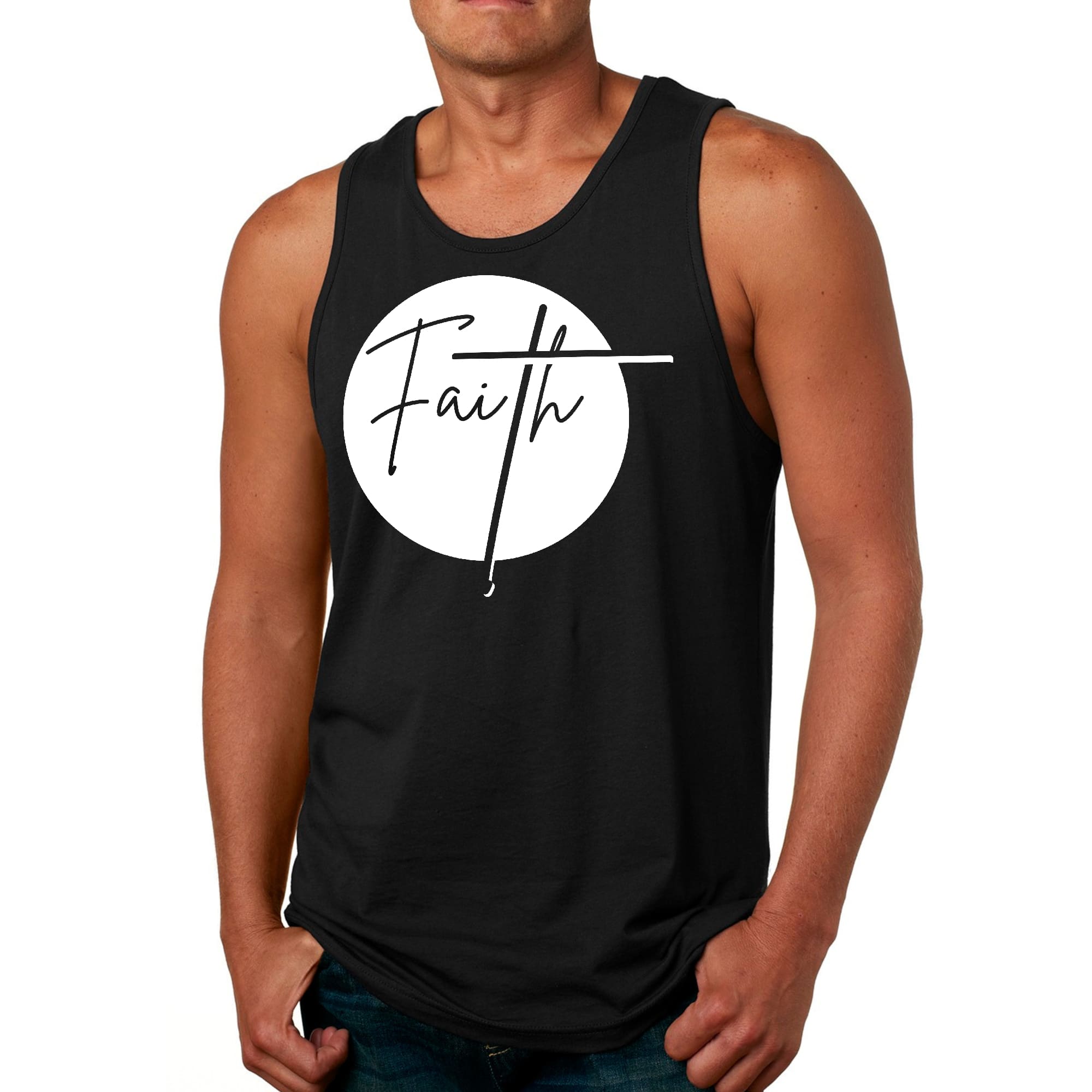 Men's Fitness Tank Top Graphic T-shirt featuring a stylish faith design, made from soft preshrunk cotton for comfort during workouts.