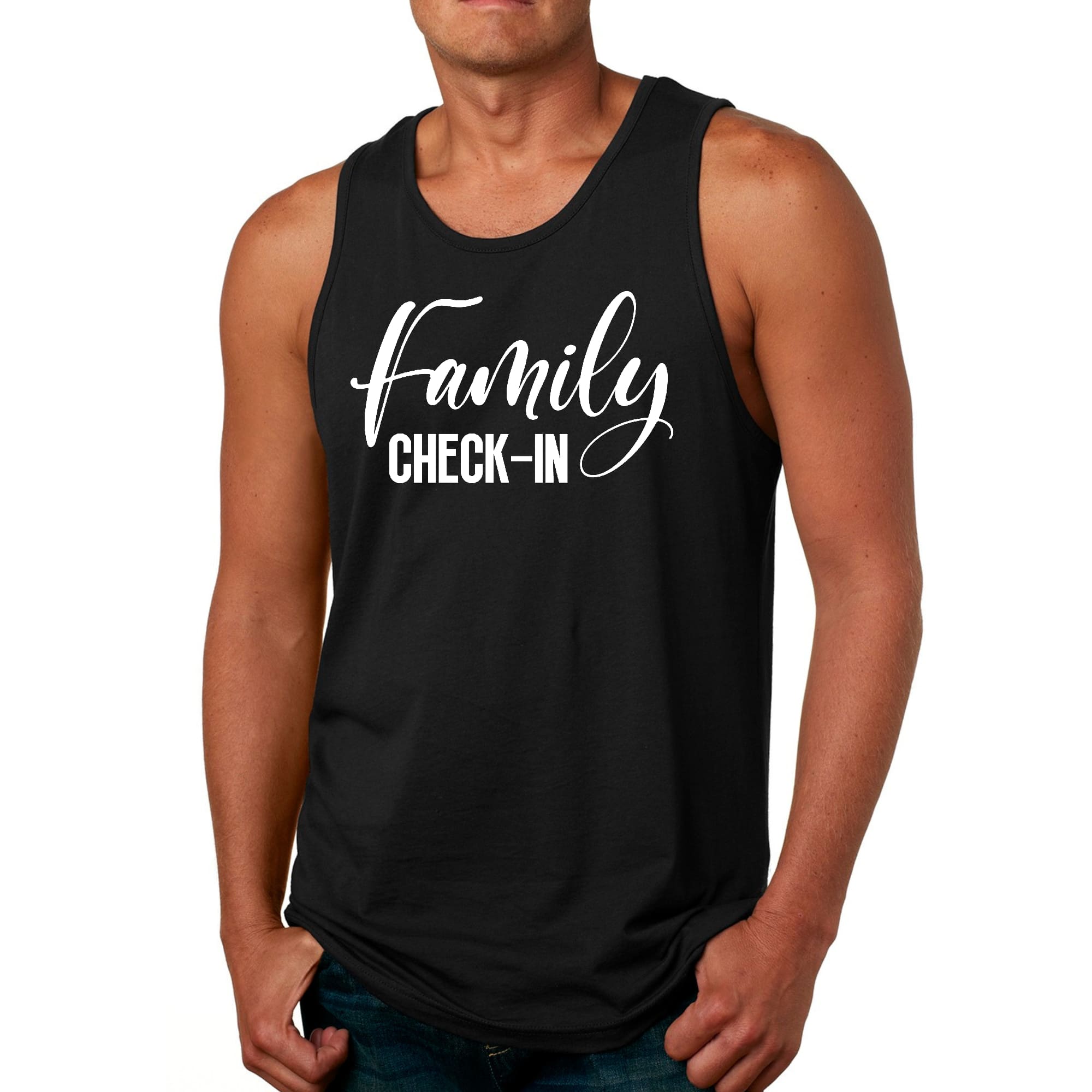 Men's Fitness Tank Top Graphic T-shirt featuring Family Check-in Illustration, showcasing soft cotton fabric and stylish design.