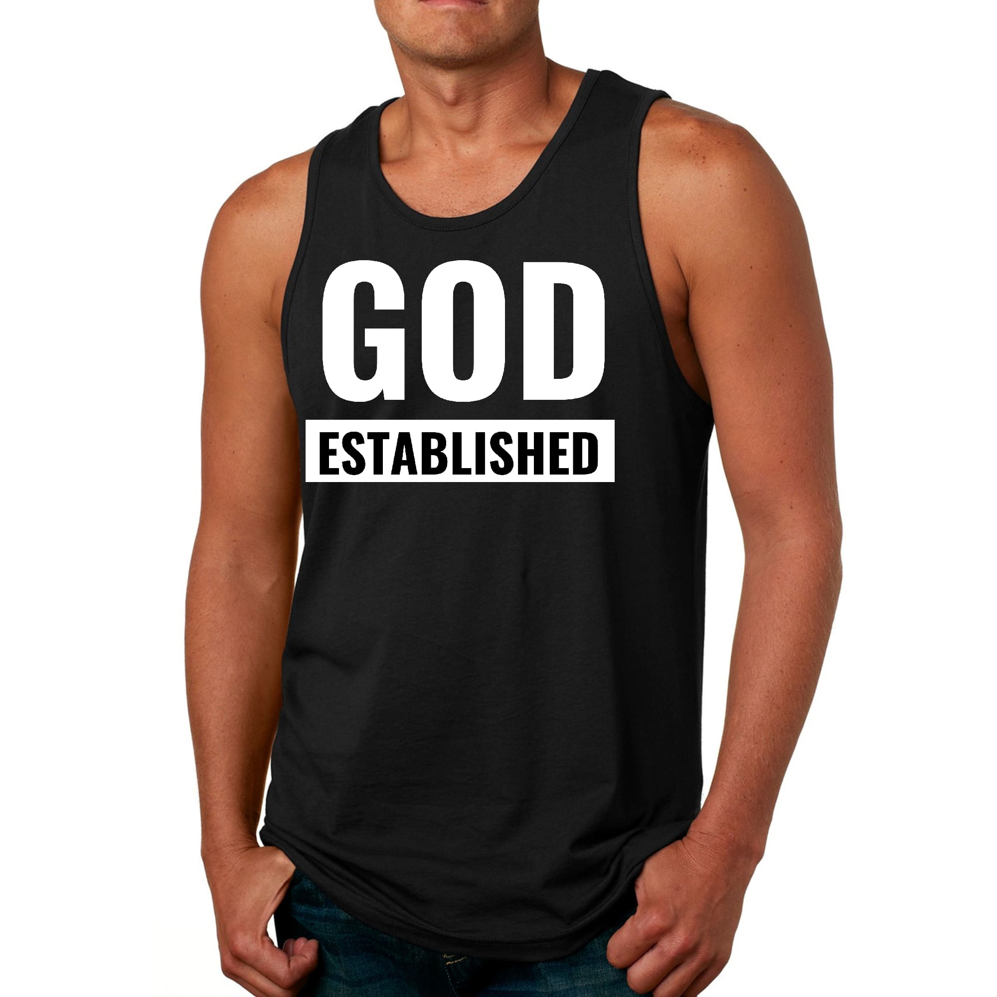 Men's Fitness Tank Top Graphic T-shirt featuring 'God Established' design, made from soft preshrunk cotton for comfort.