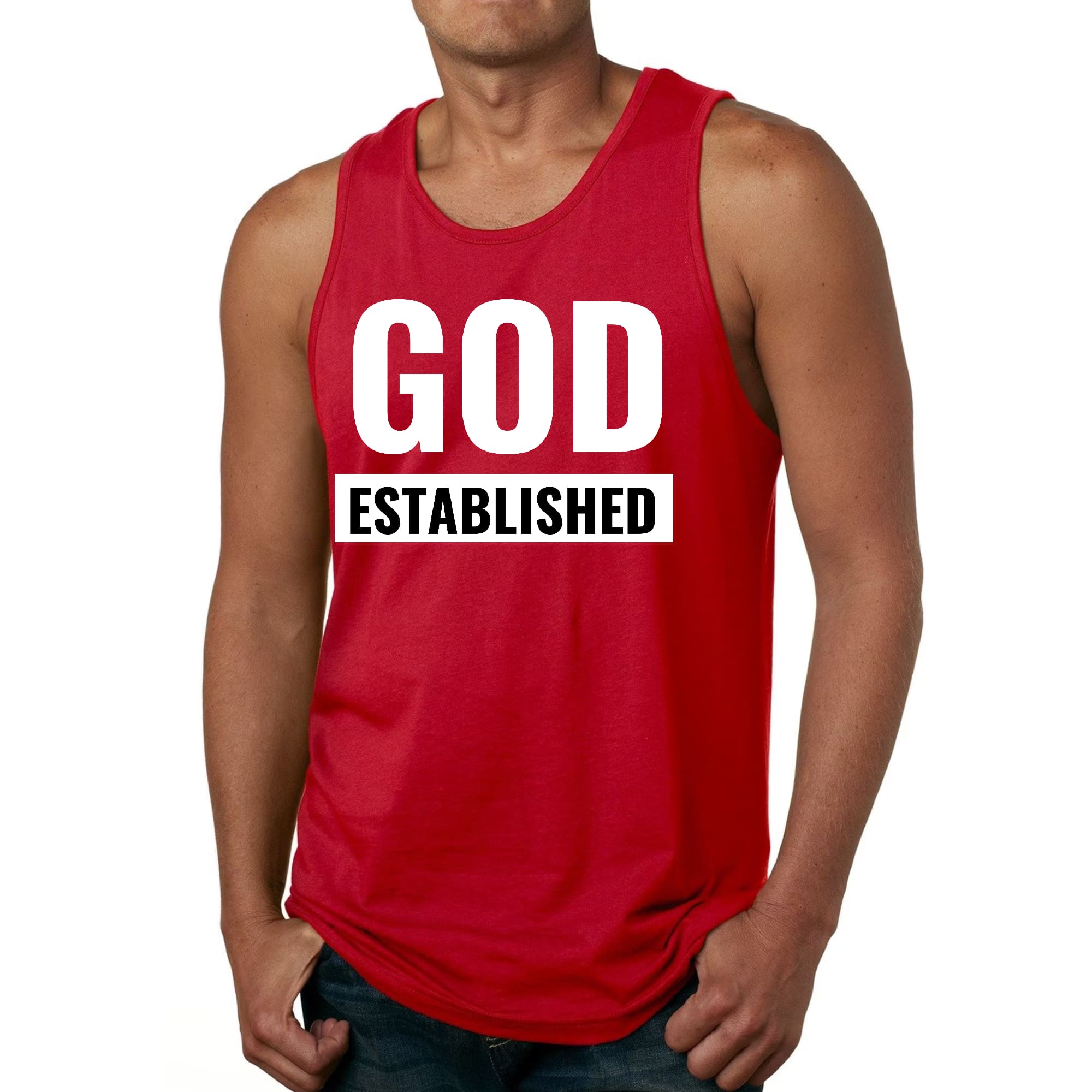 Men's Fitness Tank Top Graphic T-shirt featuring 'God Established' design, made from soft preshrunk cotton for comfort.