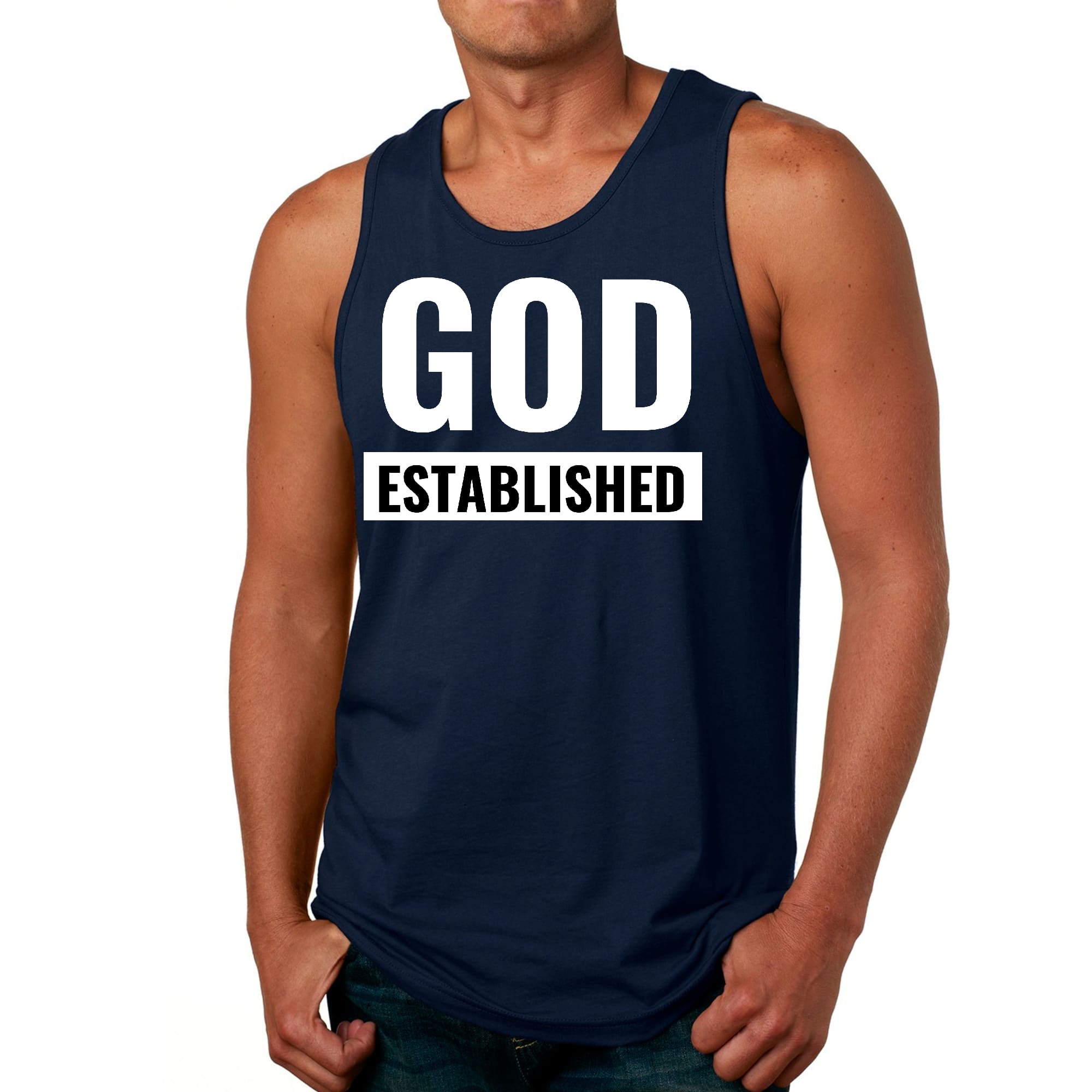 Men's Fitness Tank Top Graphic T-shirt featuring 'God Established' design, made from soft preshrunk cotton for comfort.