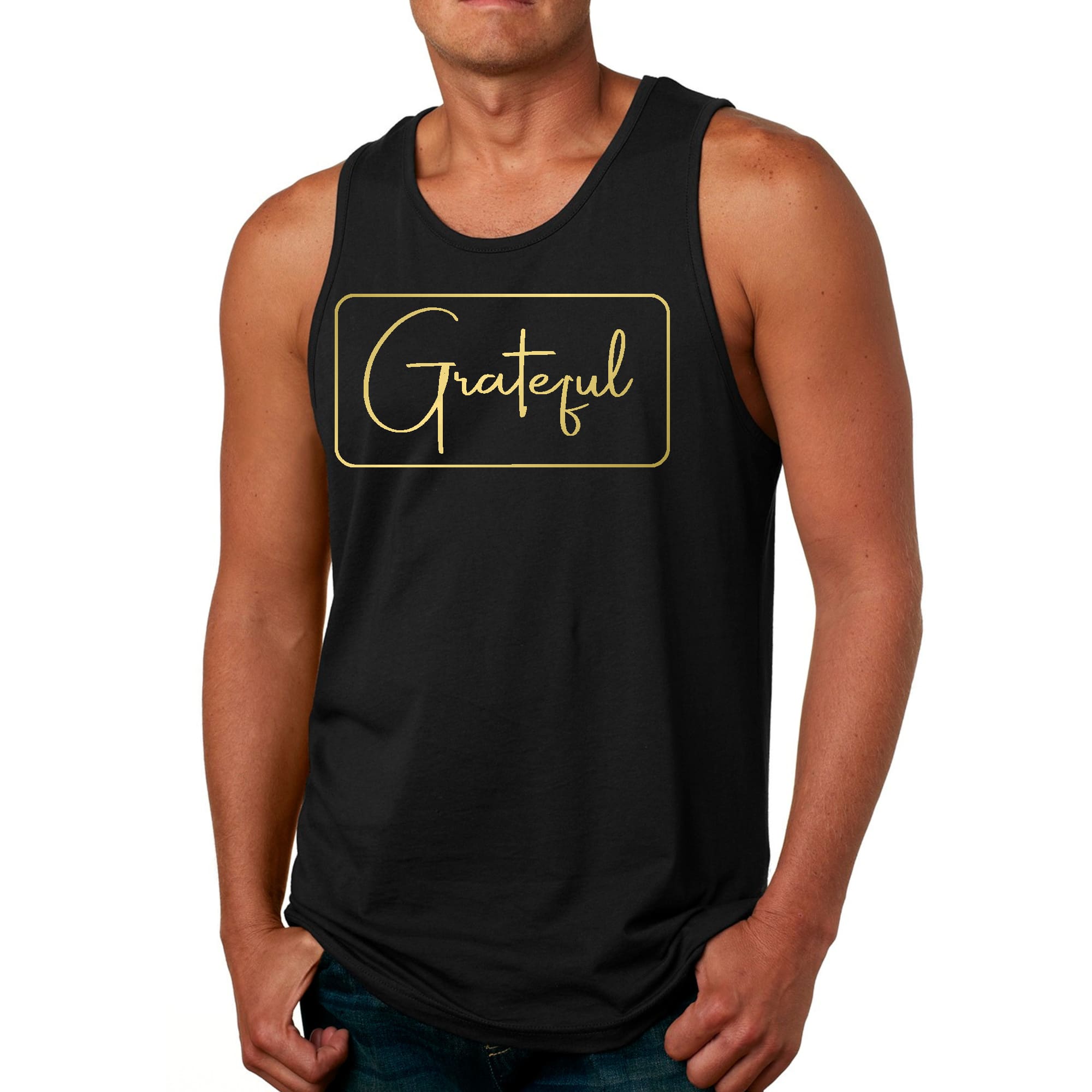 Men's Fitness Tank Top featuring a Grateful Metallic Gold graphic design, made from soft preshrunk cotton for comfort.