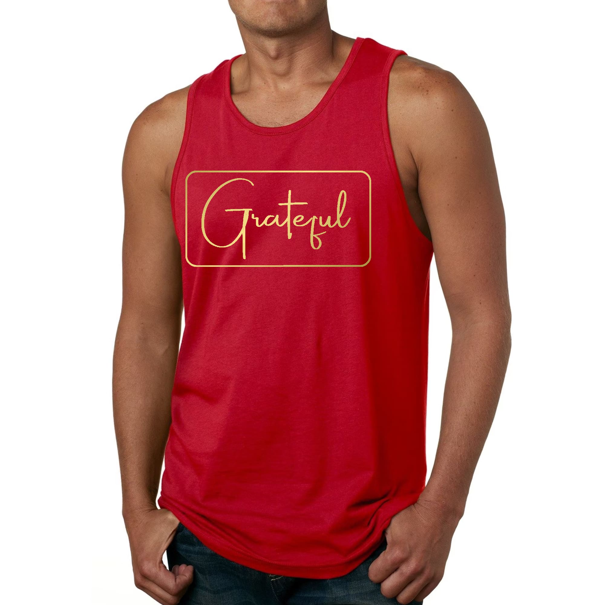 Men's Fitness Tank Top featuring a Grateful Metallic Gold graphic design, made from soft preshrunk cotton for comfort.