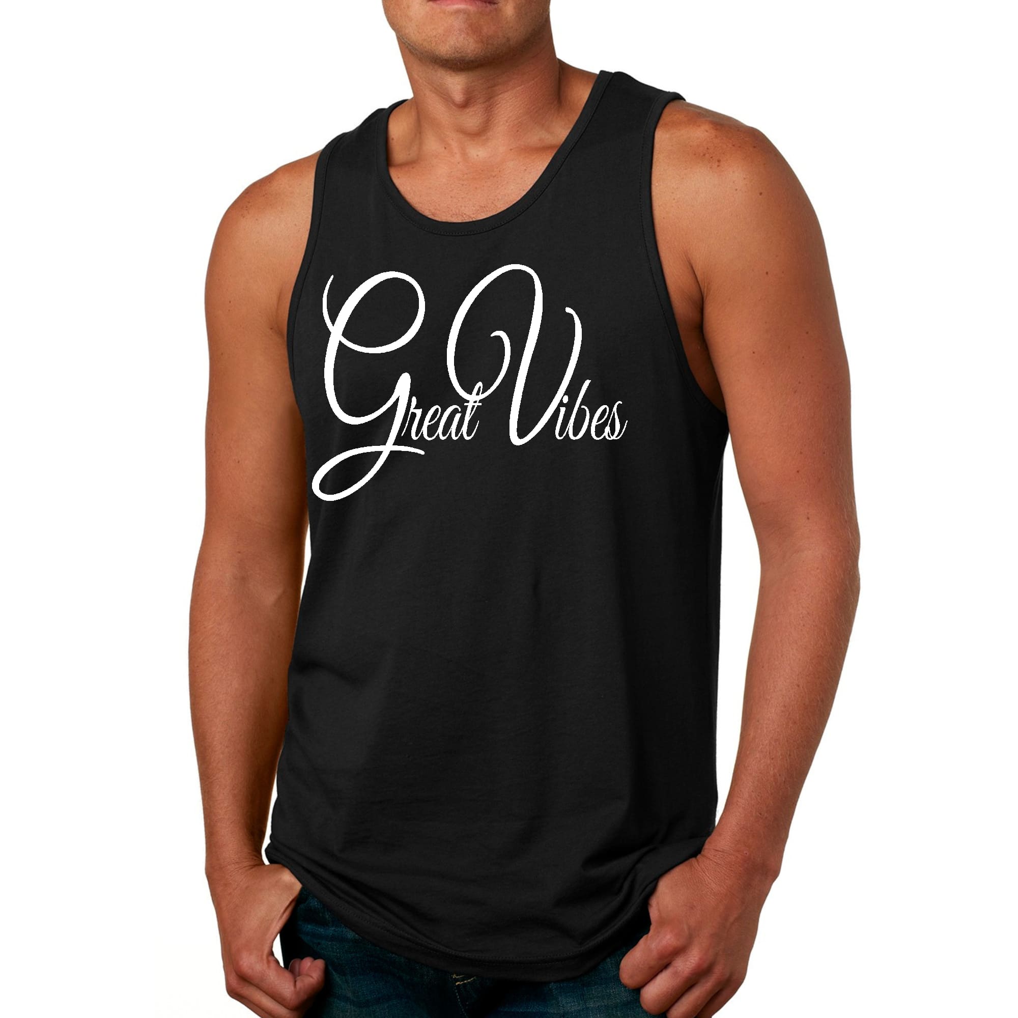 Men's Fitness Tank Top Graphic T-shirt featuring a stylish design with great vibes, made from soft preshrunk cotton for comfort.