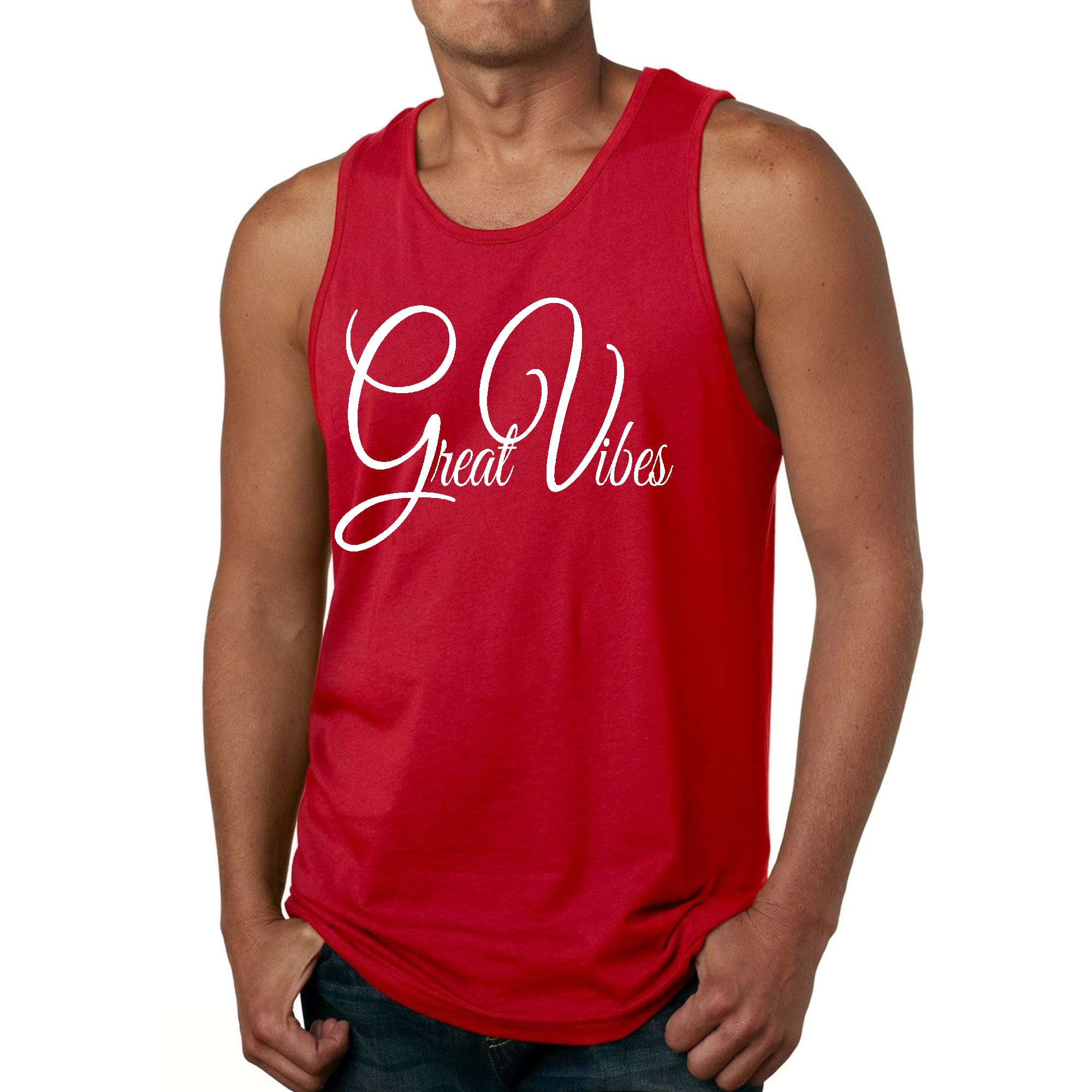 Men's Fitness Tank Top Graphic T-shirt featuring a stylish design with great vibes, made from soft preshrunk cotton for comfort.