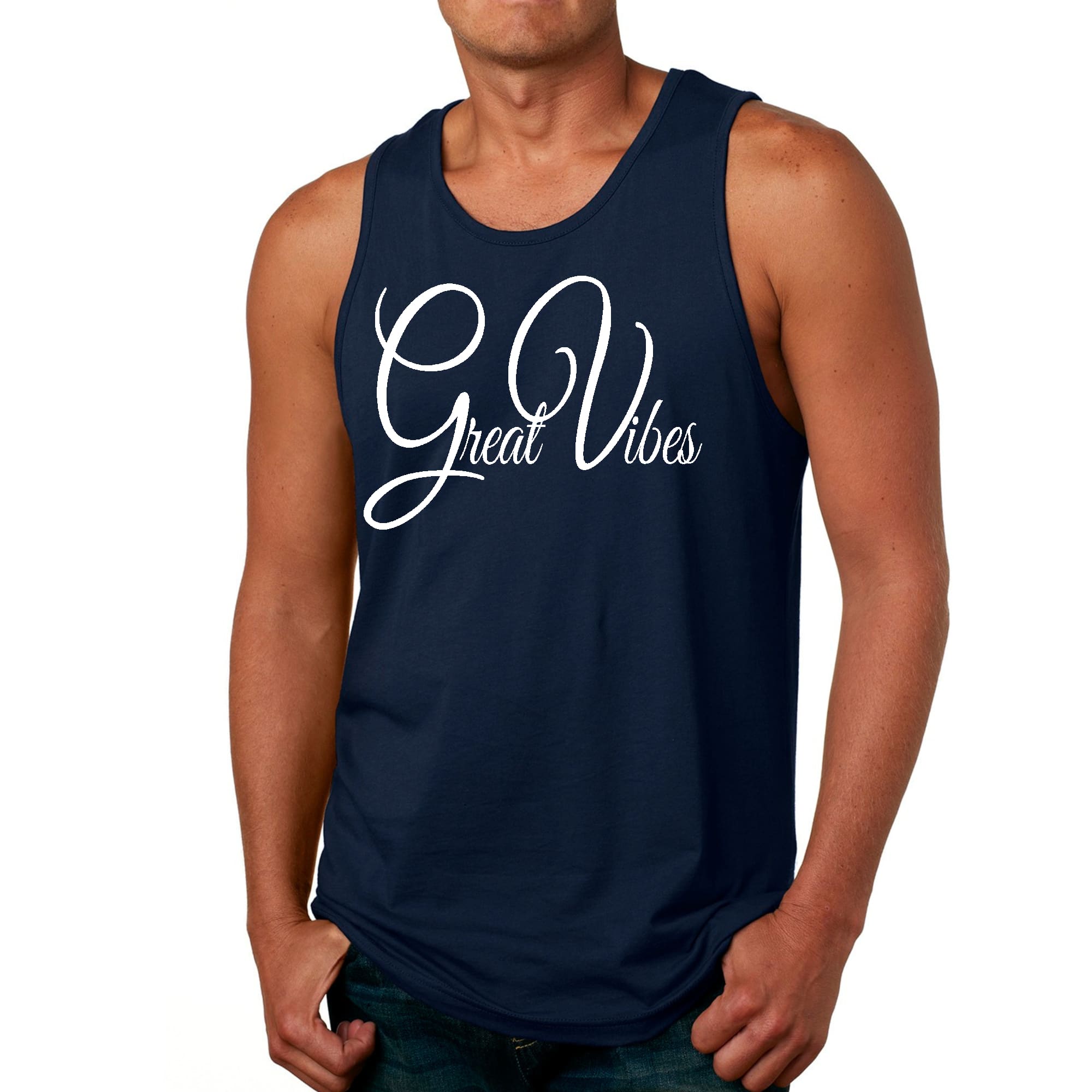 Men's Fitness Tank Top Graphic T-shirt featuring a stylish design with great vibes, made from soft preshrunk cotton for comfort.