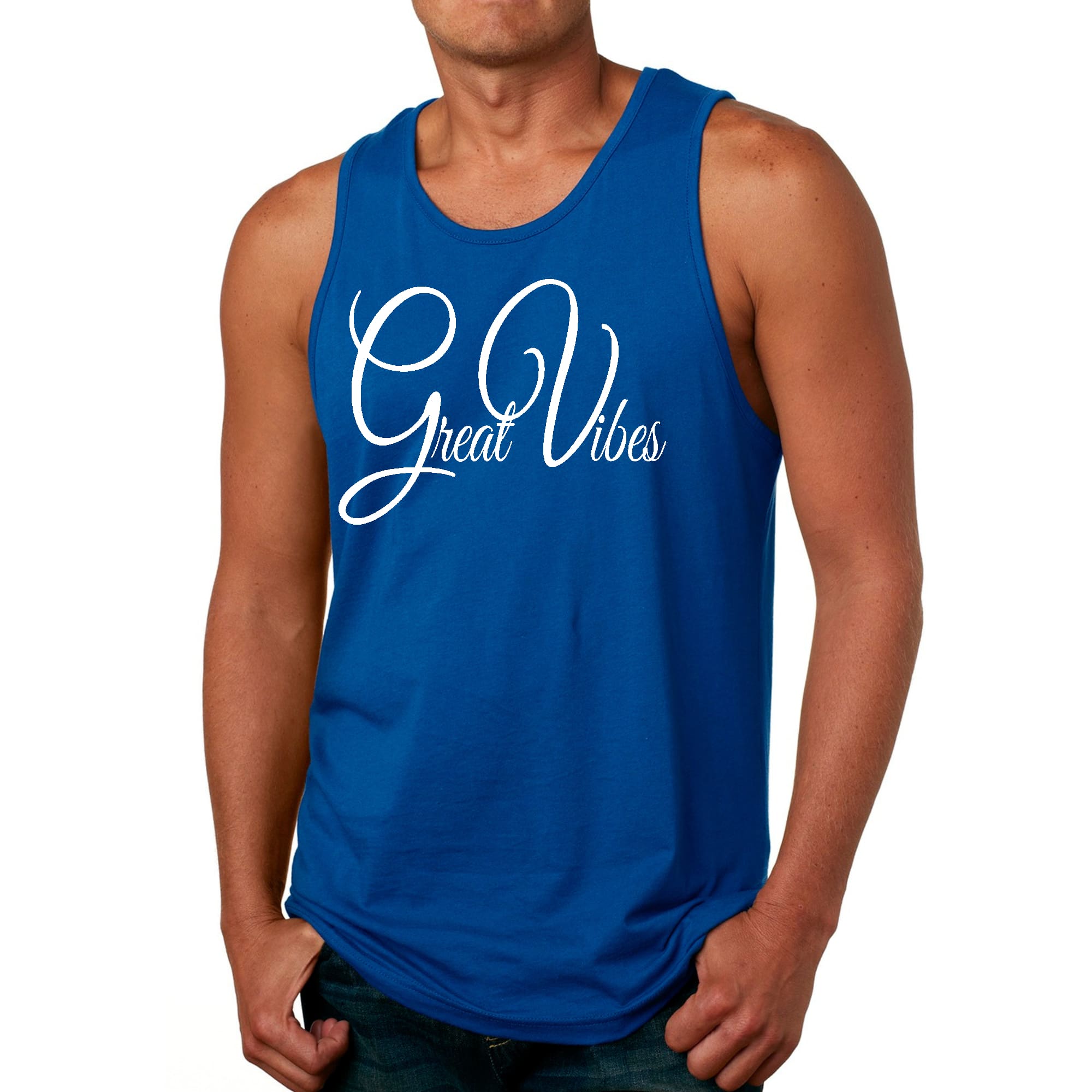 Men's Fitness Tank Top Graphic T-shirt featuring a stylish design with great vibes, made from soft preshrunk cotton for comfort.